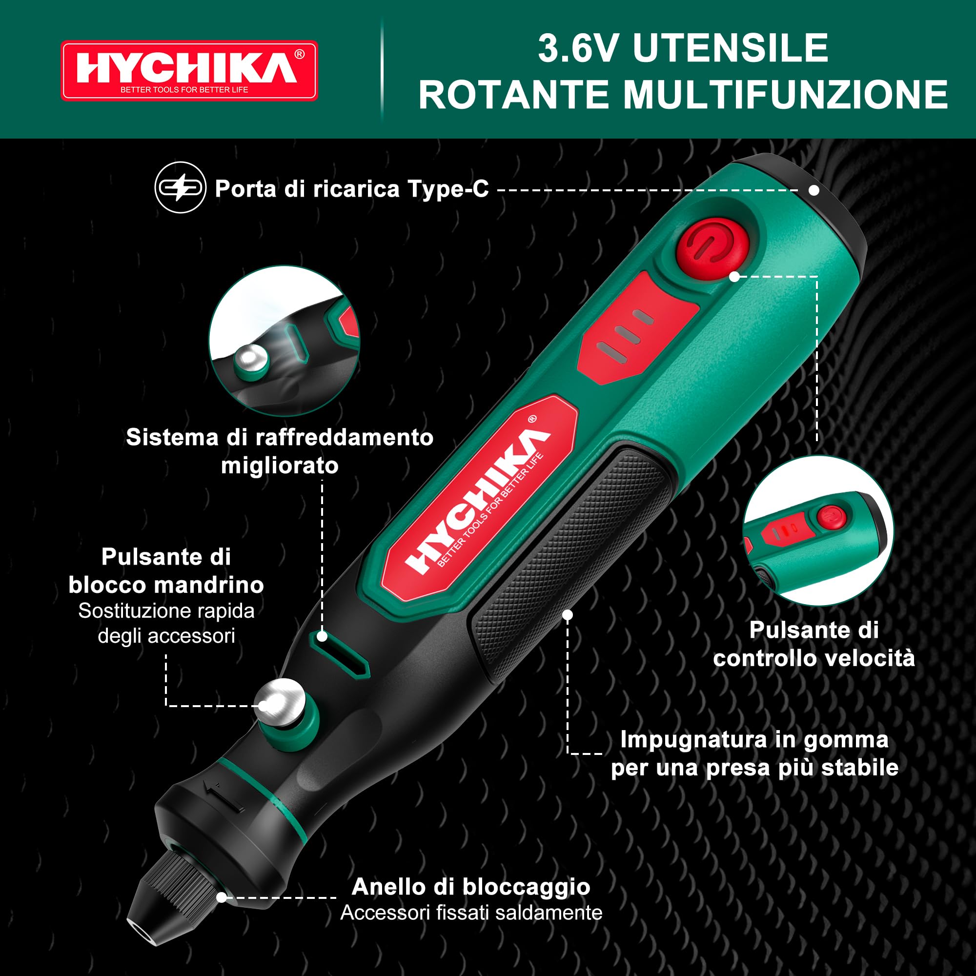 HYCHIKA Mini Trapano,3.6V Utensile Rotante Multifunzione con 77 Accessori per Foratura,Levigatura,Lucidatura,Incisione,Mini Trapano con velocità regolabile e ricarica USB-C,Ideale per piccoli DIY.