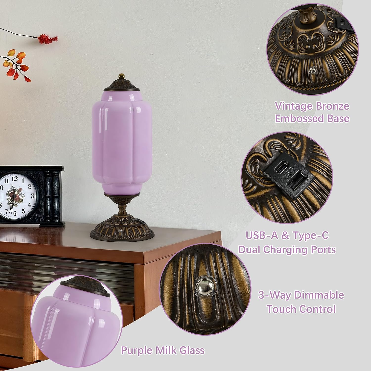 Vintage Milk Glass Table Lamp - 3 Way Dimmable Touch Control - Purple Living room End Table Lamps with USB C+A Charging Ports - Single Art Deco Plug in Bedside Lamp for Bedroom Nightstand (Bulbx1)