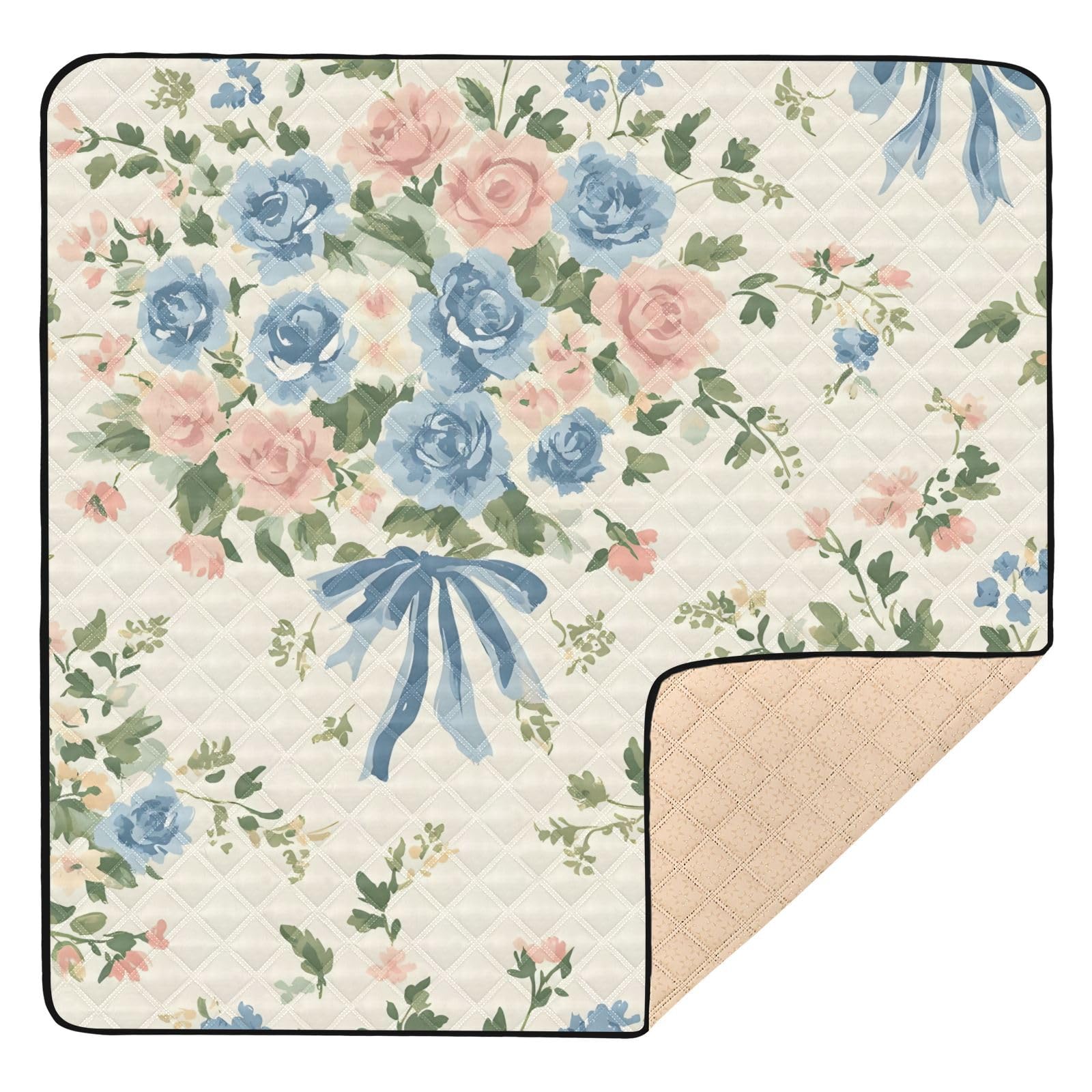 BOESI Doodle Colorful Flower Pattern Baby Play Mat, 50“ X 50” Washable Folding Crawling Mat, Baby Floor Mat, Soft, Thick, Non-Slip