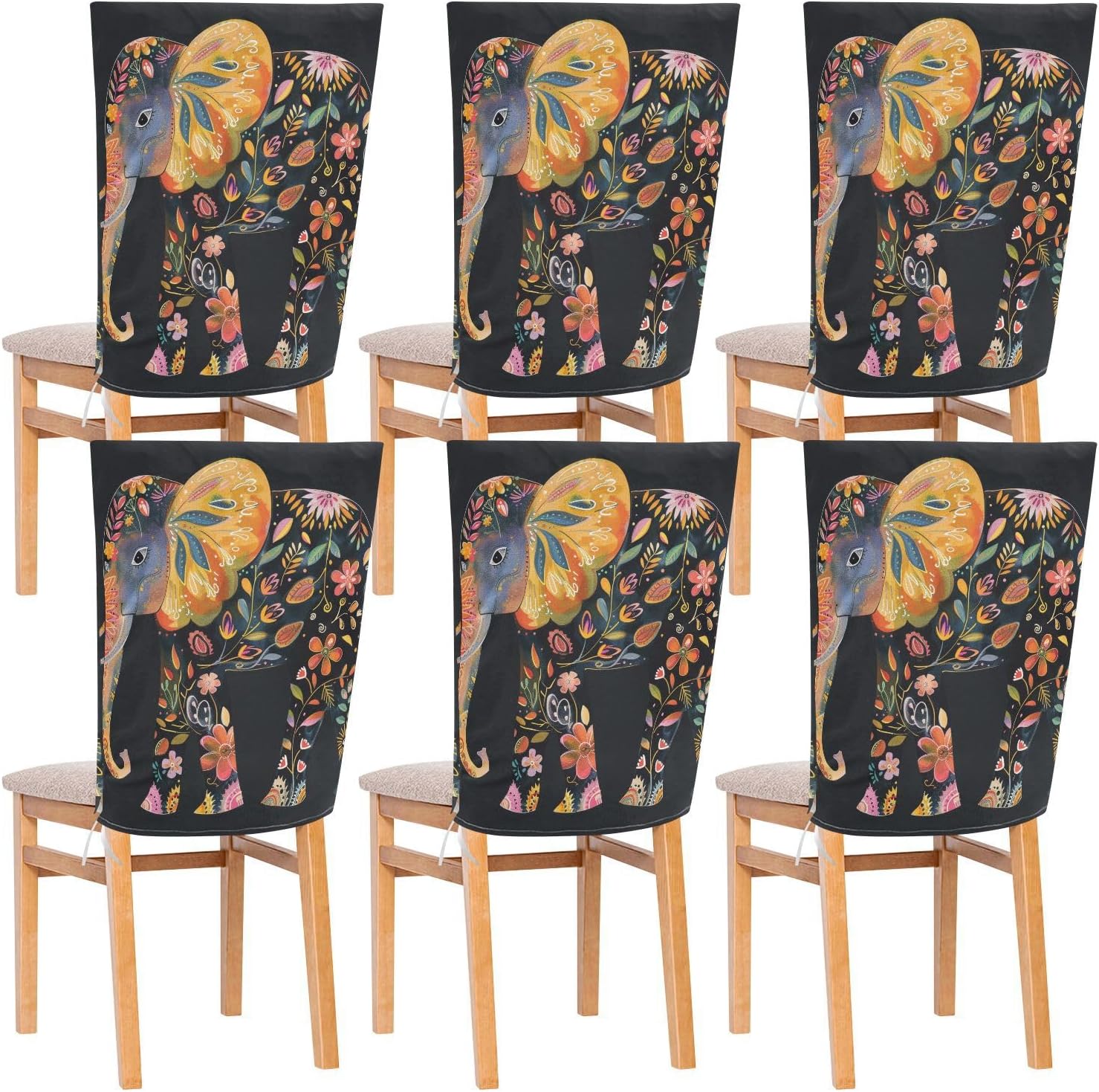 ALAZA Boho Elephant Flowers Chair Back Cover Set of 6, Washable Reusable Removable Chair Slipcovers Decorative Chair Cover for Home Kitchen Wedding Party