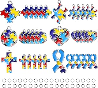 Hicarer Autism Charms Pendants Puzzle Piece Charms Puzzle Autism Alloy Pendants for Jewelry Making DIY Necklaces Bracelets Key Chains Crafts Making Supplies with Semi Opening Rings