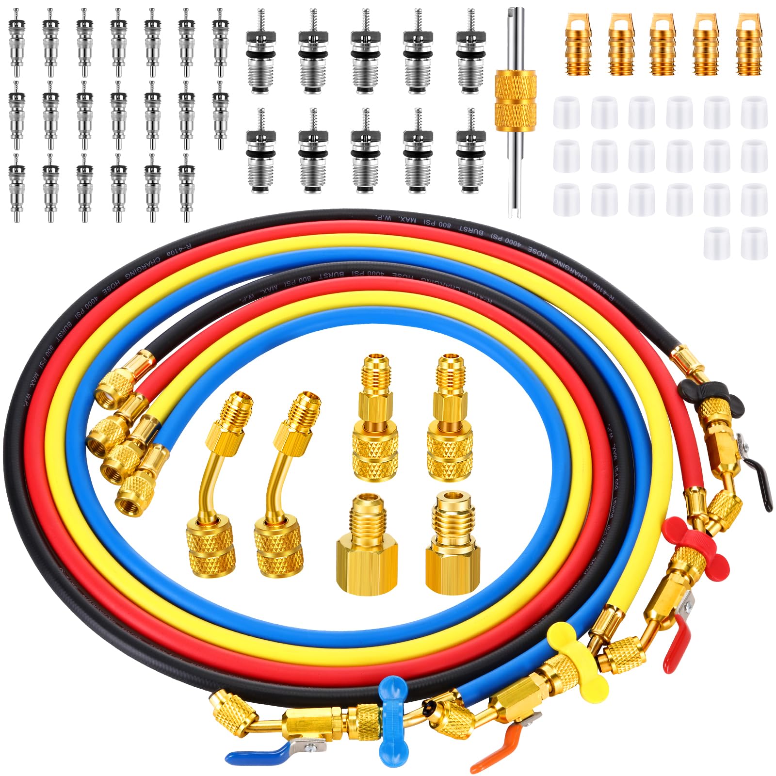 Threlaco 60'' Refrigerant Charging Hose 1/4'' SAE with Angled Compact Ball Valve Mini Split Adapter Tank Adapter Apply to R134A R12 R22 R502 R404 Refrigerant Air Conditioning Manifold Gauge(4 Colors)