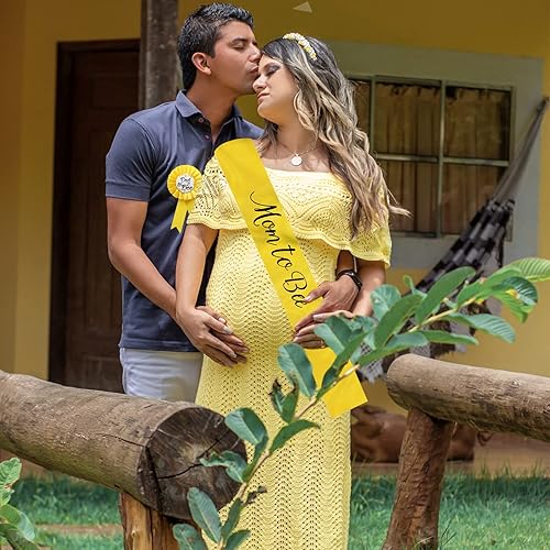 Miniatura 7 de Paquete de 2 insignias amarillas de hojalata de mamá a abeja y papá a abeja, decoraciones de baby shower con bonito patrón de abeja, fiesta de