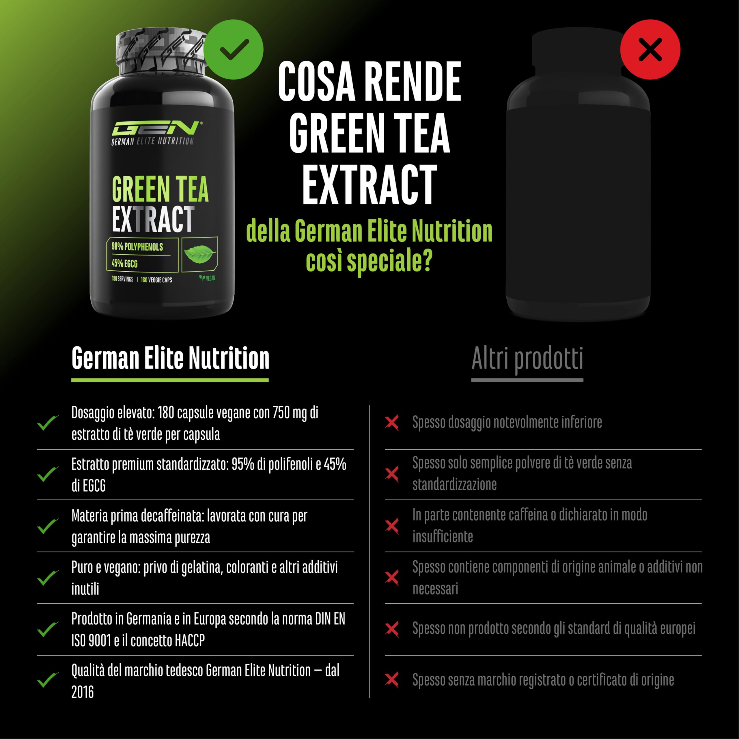 Estratto di tè verde - 180 capsule - Dosaggio extra elevato con 750 mg di estratto di tè verde per capsula - 95% di polifenoli e 45% di EGCG - Senza additivi superflui - Vegano