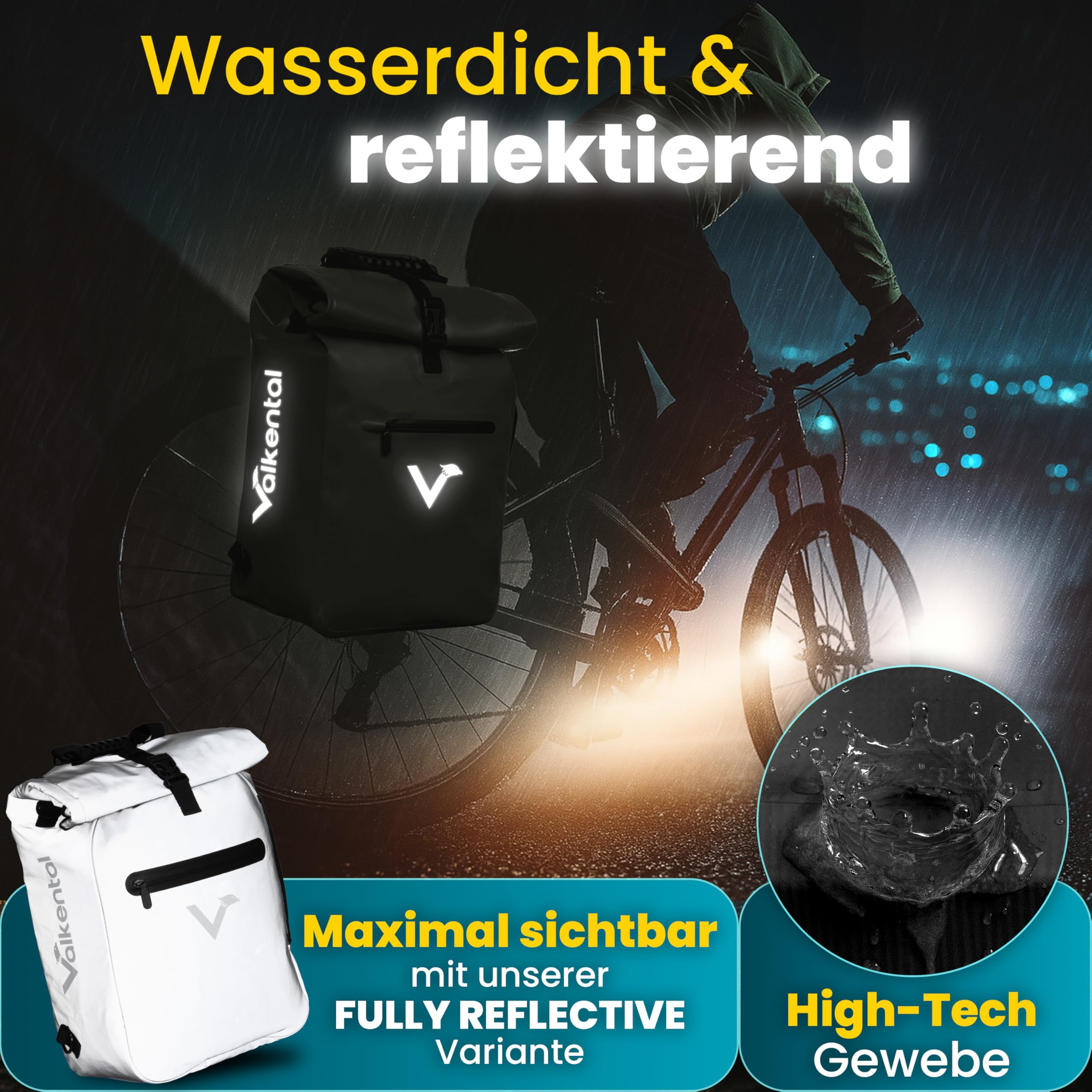 Valkental® 3in1 Fahrradtasche [Bis 25L] - Das Original - Geeignet als Gepäckträgertasche, Rucksack und Umhängetasche - 100% Wasserdicht & Reflektierend - Sichere Befestigung [Abschließbar] Laptopfach
