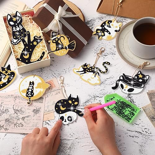 Miniatura 7 de Juego de 20 llaveros de pintura de diamante de gato con herramientas, lindo gato colgante de pintura de diamantes llaveros adornos para niños y
