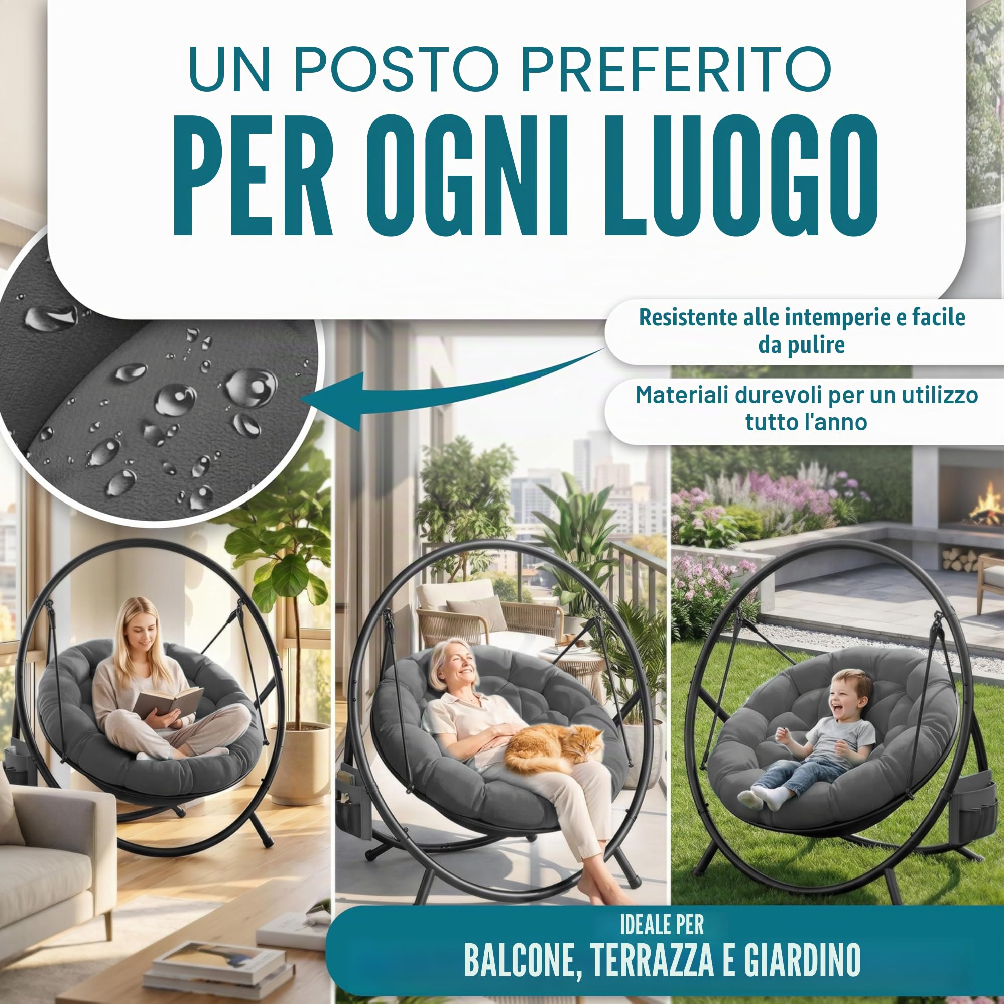KESSER Poltrona sospesa con struttura Bali, altalena sospesa fino a 150 kg, per interni ed esterni, cuscino e tasca laterale, cesto sospeso, struttura in acciaio e imbottitura in schiuma