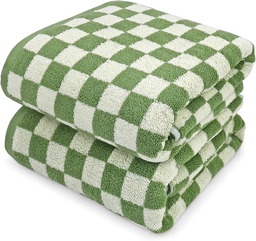 Jacquotha Juego de 2 toallas de baño de lujo de 55 x 27.5 pulgadas, toalla de baño de algodón a cuadros verdes, toallas absorbentes de secado rápido