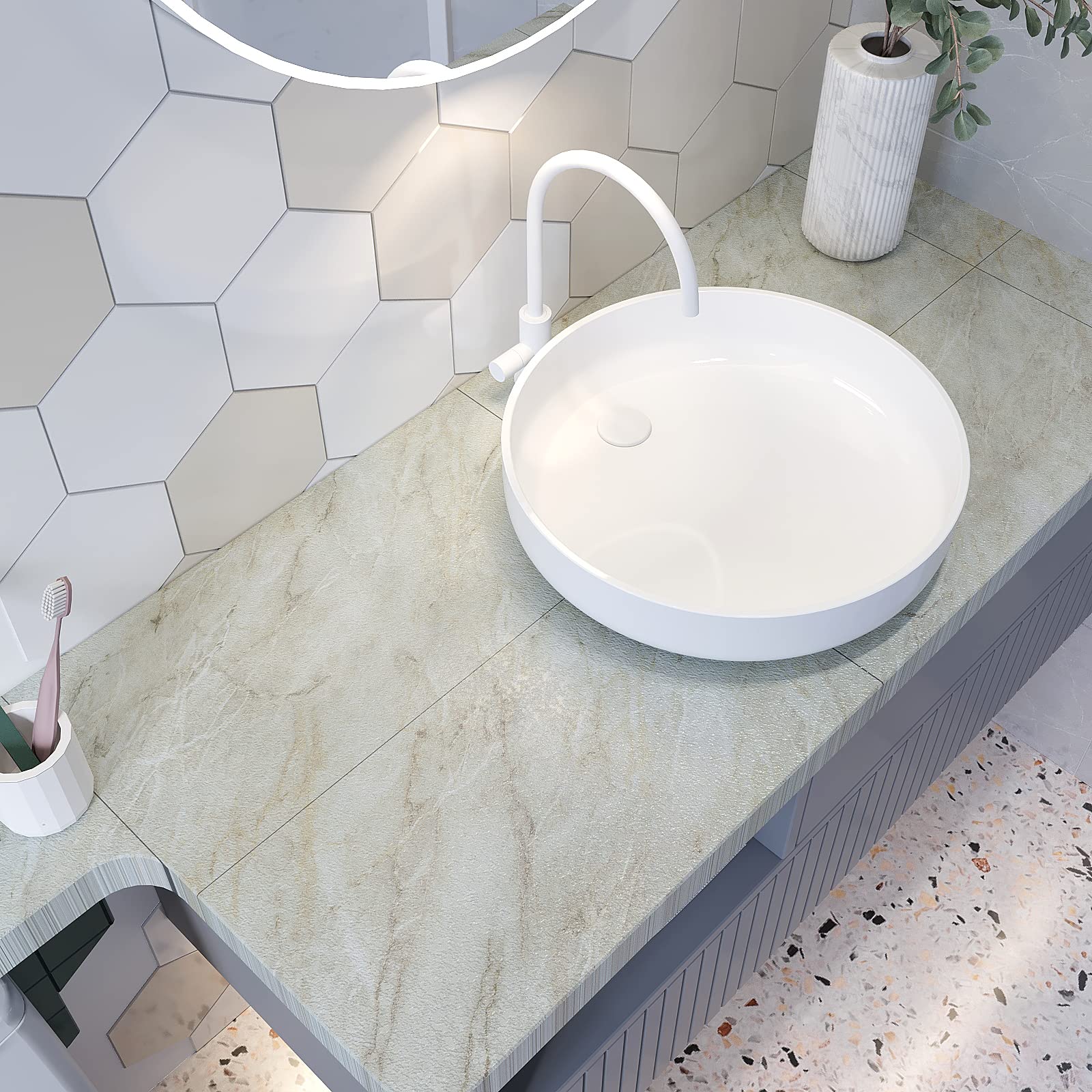 VEELIKE Dalle PVC Adhesive Sol Marbre Beige Autocollant de Sol Cuisine Marbre Gris Auto-adhésif Salle de Bain Imperméable Stickers Carrelage Épaissir 1.5mm 12 Pièces 60 cm x 30 cm