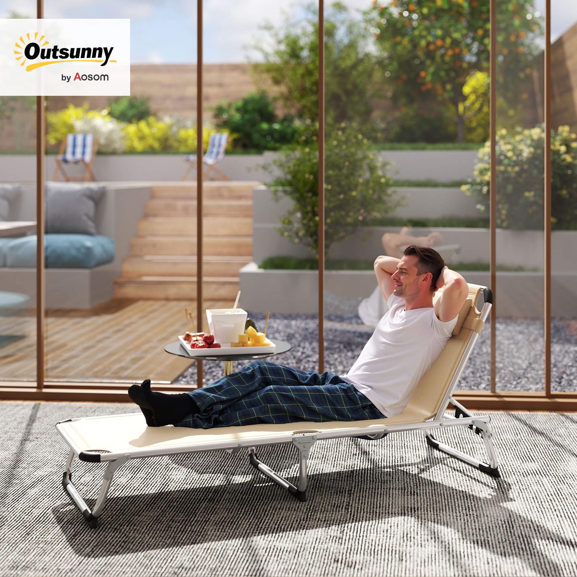 Outsunny Lettino Prendisole Pieghevole con Schienale Reclinabile su 4 Livelli, Sdraio da Giardino con Poggiatesta, in Alluminio e Texteline, per Spiaggia Piscina Giardino, 60x165x76 cm, Beige