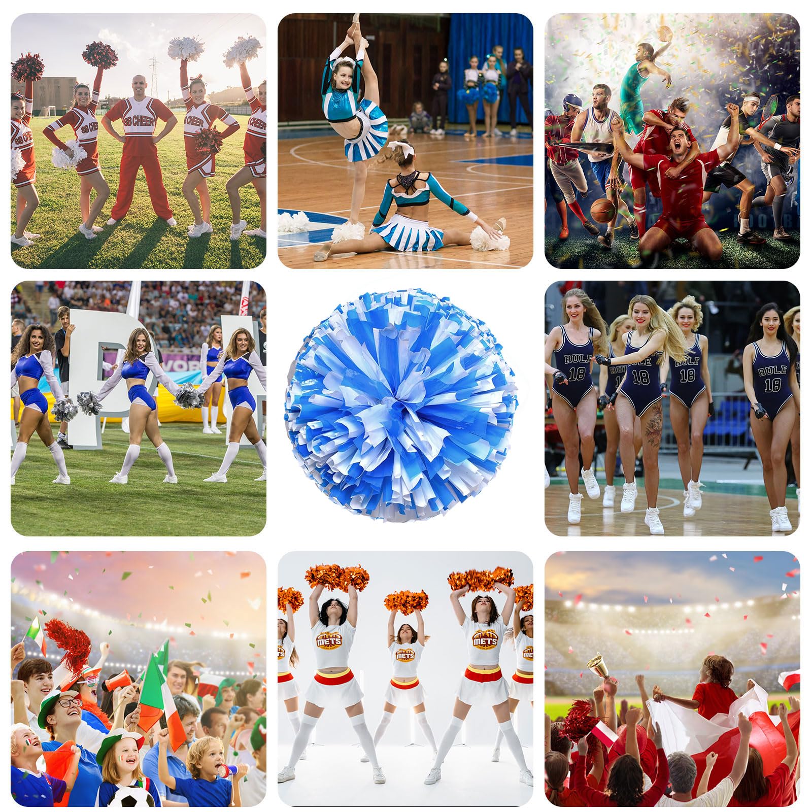 12 szt. pomponów cheerleaderek, z płatnością za cztery palce, ręczne pompony do drużyny sportowej (niebieskie + białe)
