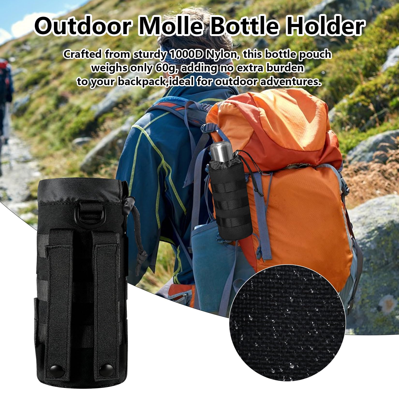 Lot de 2 Porte-Bouteilles Tactiques, pour Ceinture Porte-Bouteilles Molle, Sac à Dos Portable avec Cordon de Serrage, Ceinture -Bouteilles de Camping + 2 mousquetons
