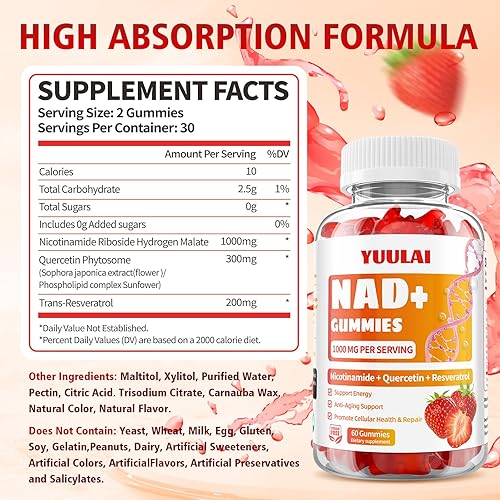 Miniatura 2 de Paquete de 2 gomitas NAD+, suplemento NAD para mujeres, NAD nicotinamida, ribósido resveratrol de 1000 mg, suplemento NAD+ Plus para