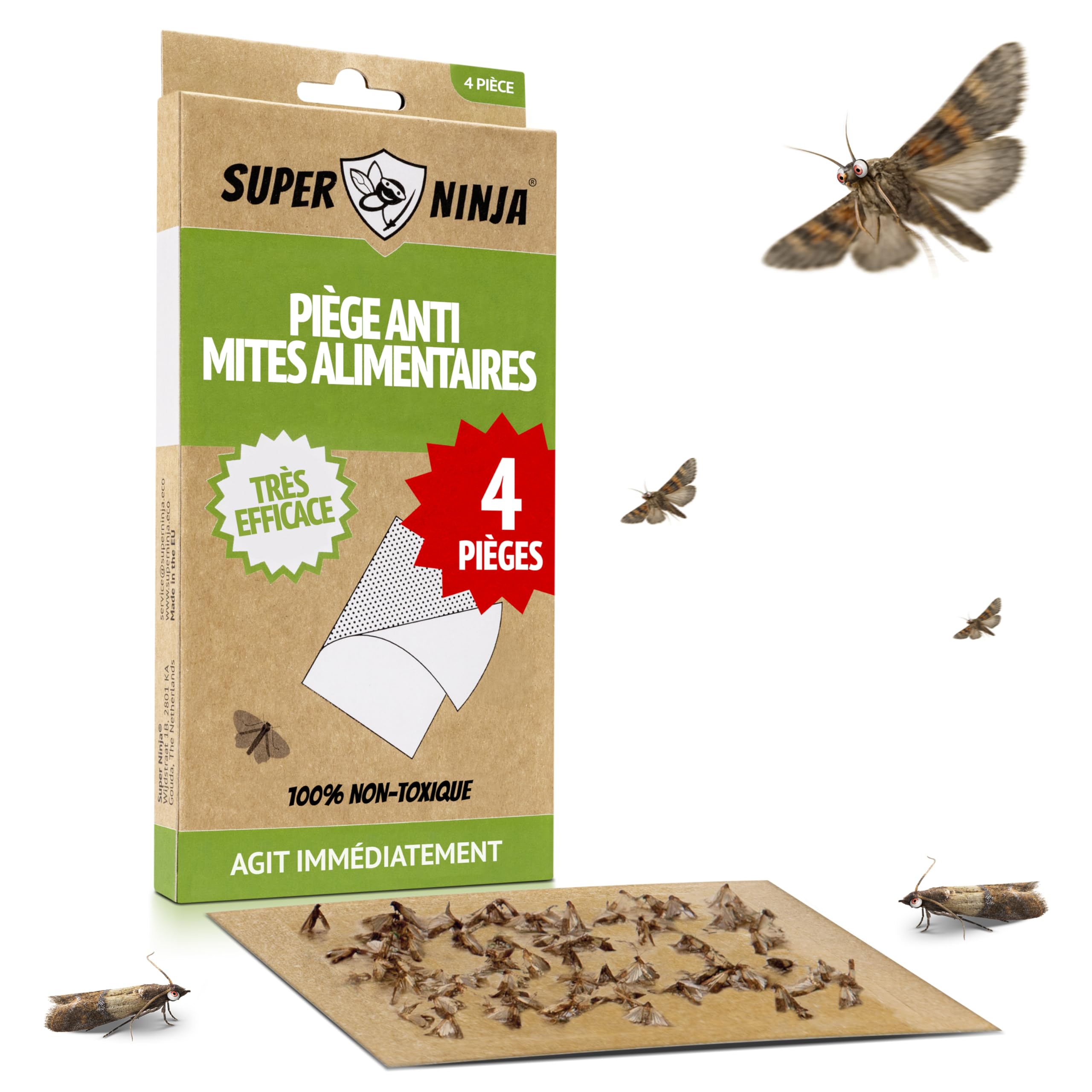 Super Ninja Anti Mites Alimentaires Pack de 4 Pièges avec Phéromone Attractif Cuisine Placards Protection 3 Mois