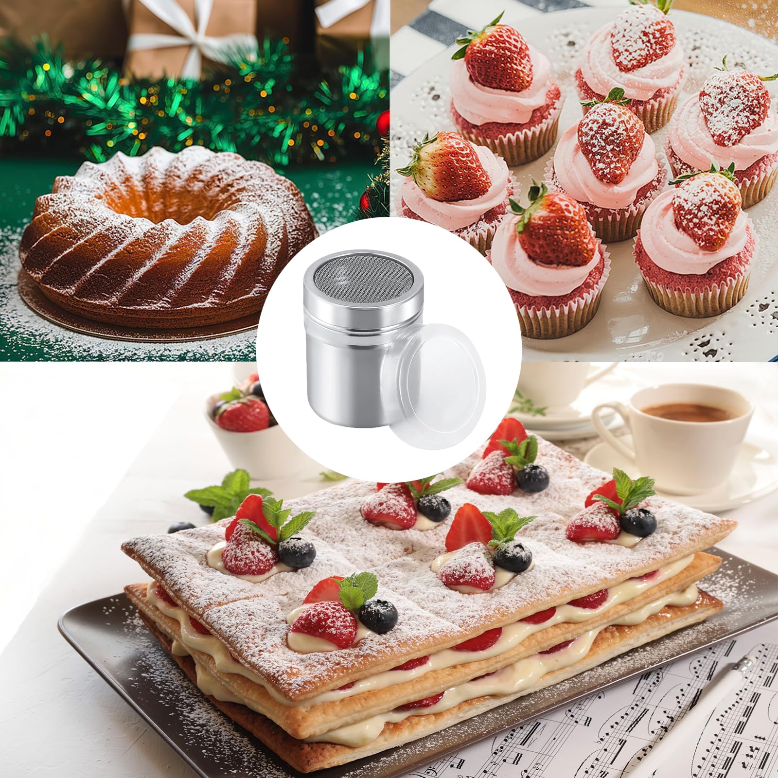 Cukier puder z pokrywką utrzymującą świeżość, 2 sztuki, ze stali nierdzewnej, cappuccino, do kawy, przypraw, cukru, soli, kakao, mąki, do gotowania, pieczenia