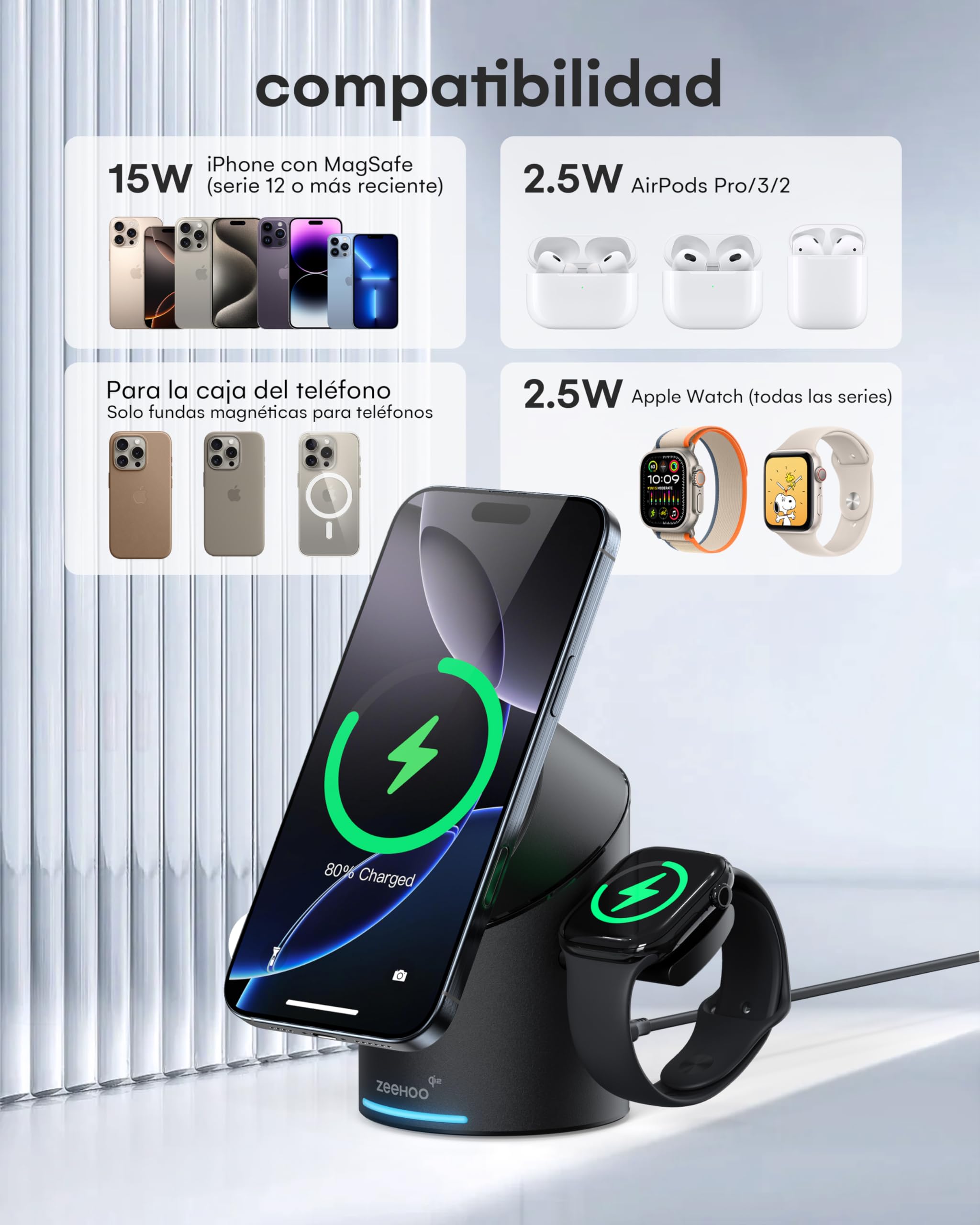 Estación de Carga inalámbrica ZEEHOO para Dispositivos Apple, Compatible con Soporte de Cargador MagSafe, estación de Carga 15W 3 en 1 para Apple Watch, iPhone, AirPods (Adaptador de Carga de 30W