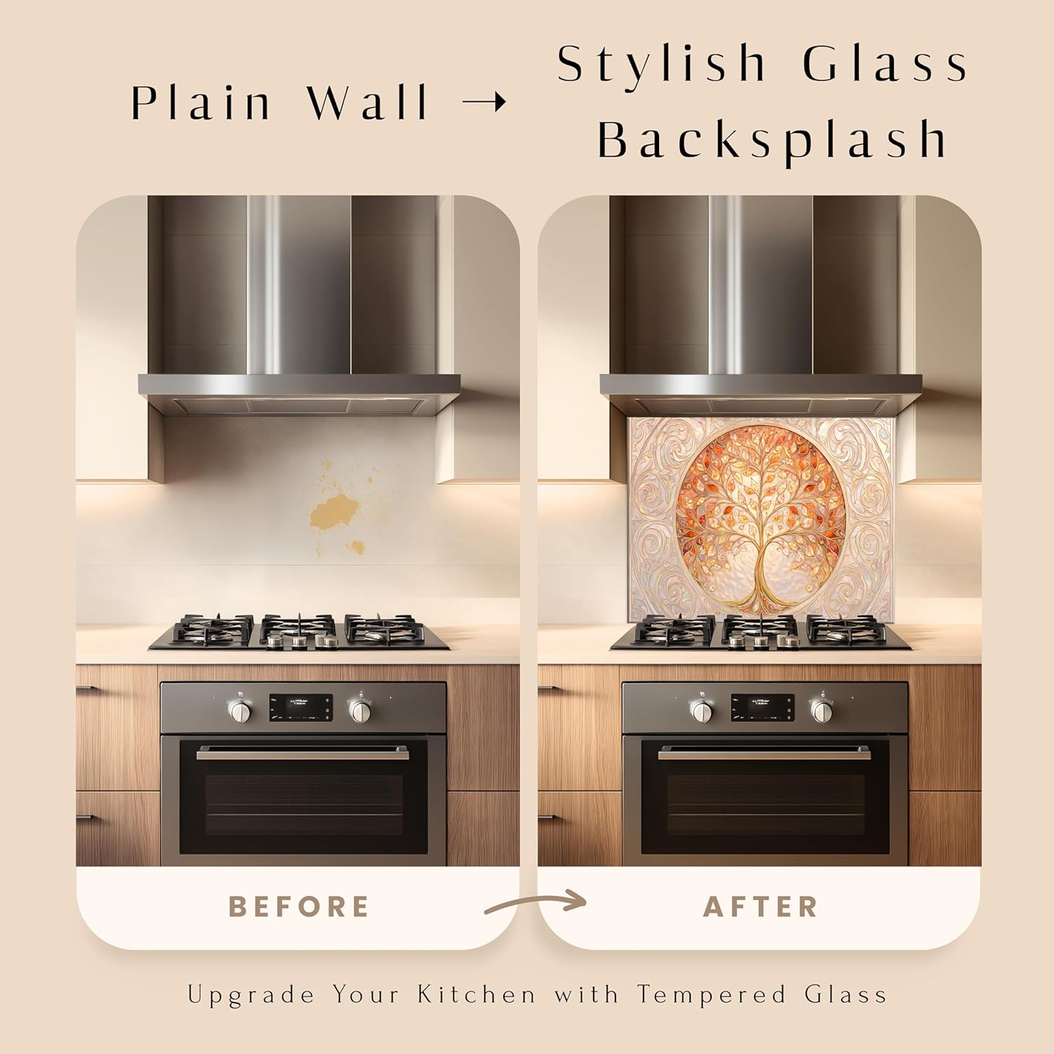 Tempered Glass Backsplash, Gold Tree of Life Mosaic Glass Kitchen Backsplash, Elegant Decorative Wall Panel, Heat Resistant Stove Splashback, Custom Glass Panel for Kitchen
