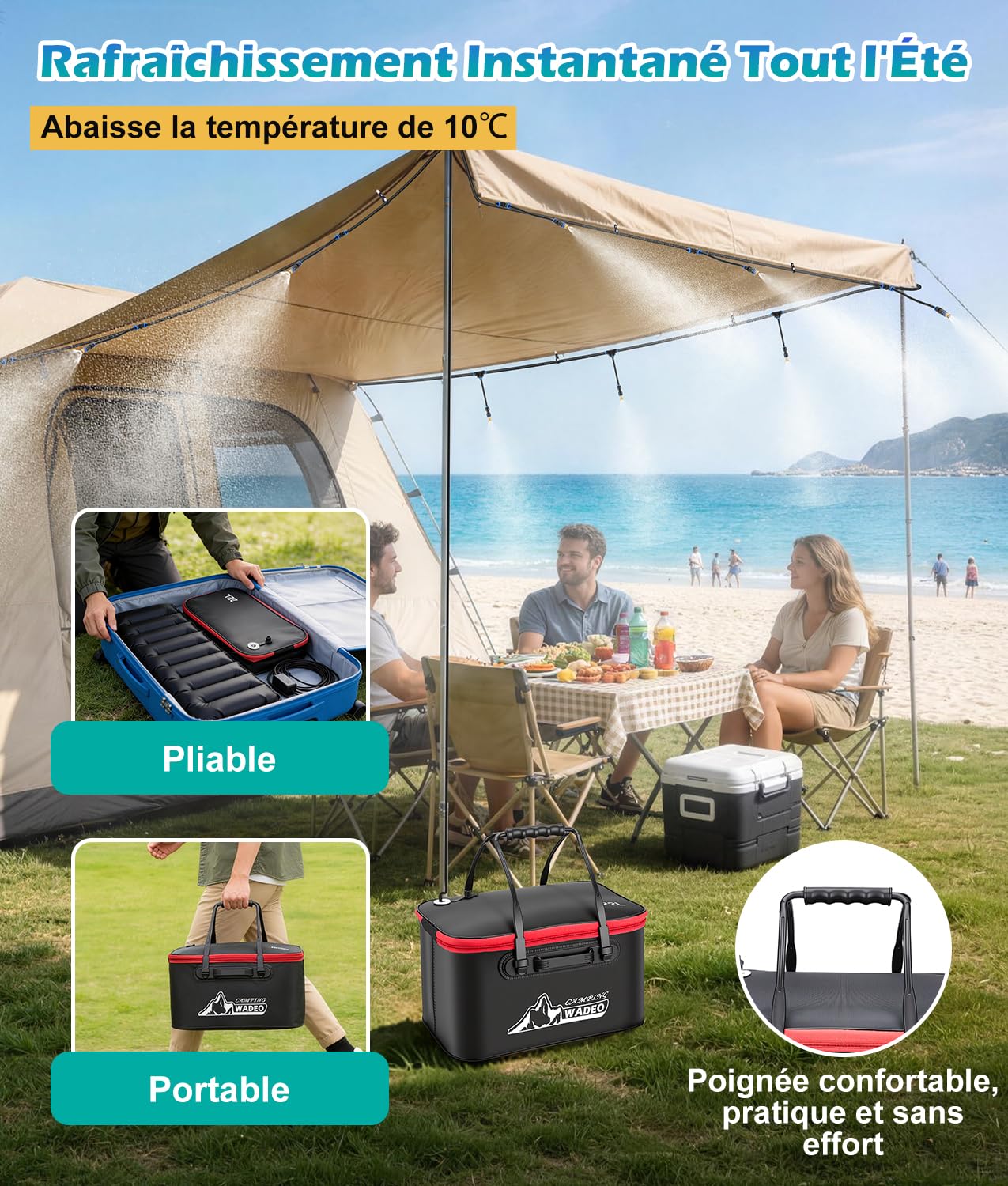 WADEO Système de Brumisation Portable, Système de Refroidissement Extérieur avec Pompe Rechargeable 6000mAh, Tuyau 8M et 8 Buses en Laiton, Brumisateur pour Camping, Terrasse, Jardin et Sport