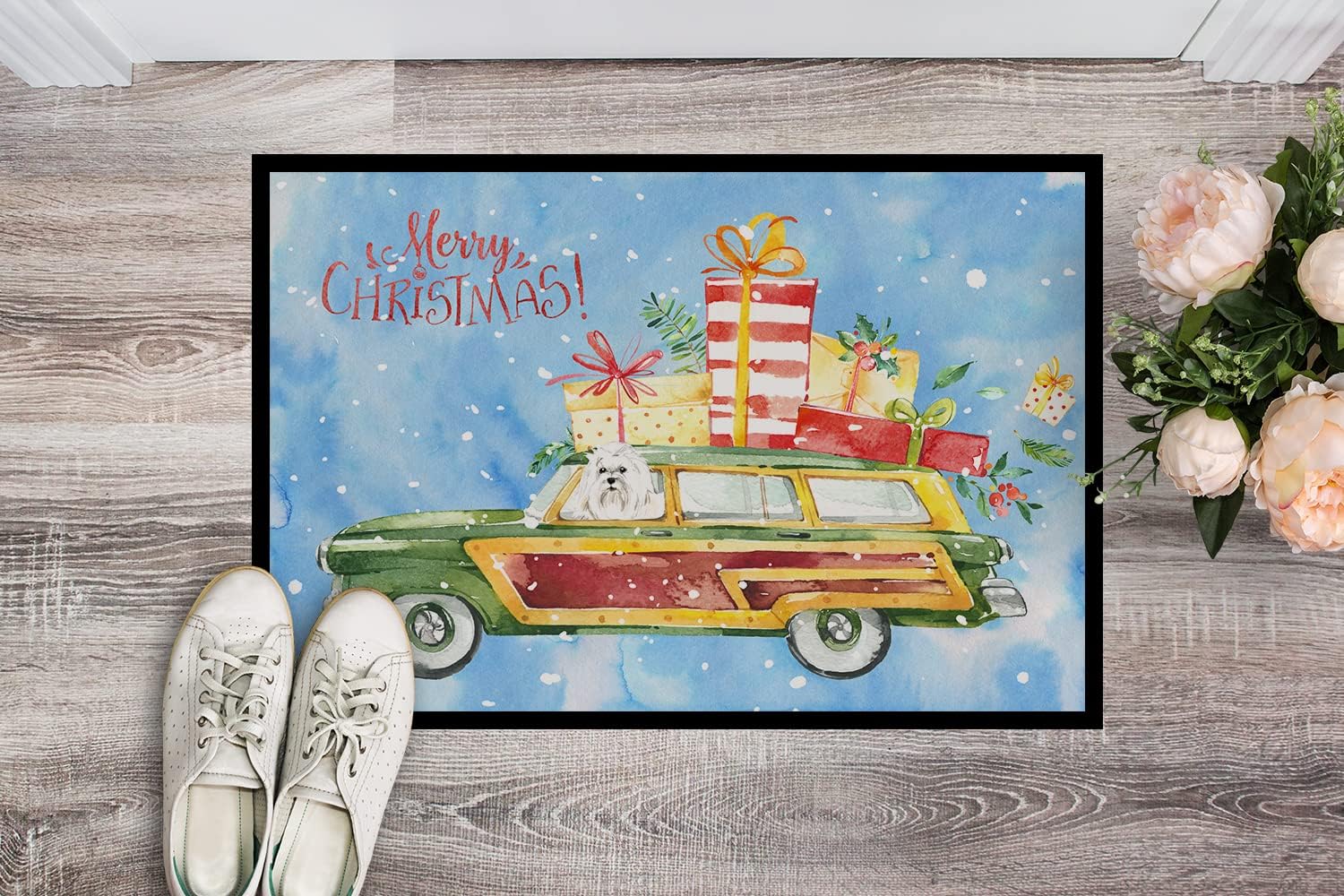 Caroline's Treasures CK2414MAT Merry Christmas Maltese Doormat 18x27 Front Door Mat Indoor Outdoor Rugs for Entryway, Non Slip Washable Low Pile, 18H X 27W