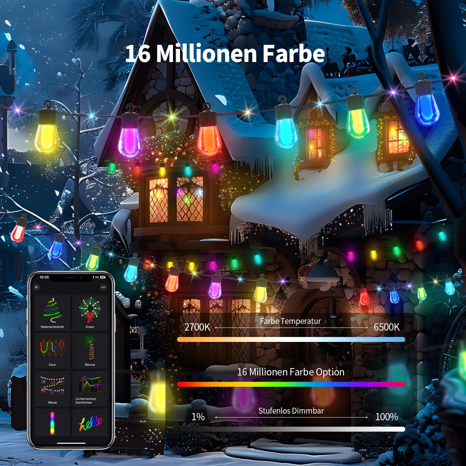 15M LED luces de hadas al aire libre de energía 20 RGB S14 bombilla, aplicación inteligente con 99 + modos y temporizador, para fiesta, boda, jardín, balcón （USB）