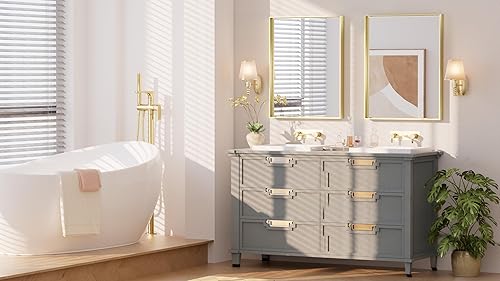 Miniatura 329 de Keonjinn Espejo de baño dorado de 48 x 36 pulgadas, espejo rectangular con marco de metal dorado cepillado, espejo de pared grande rectangular