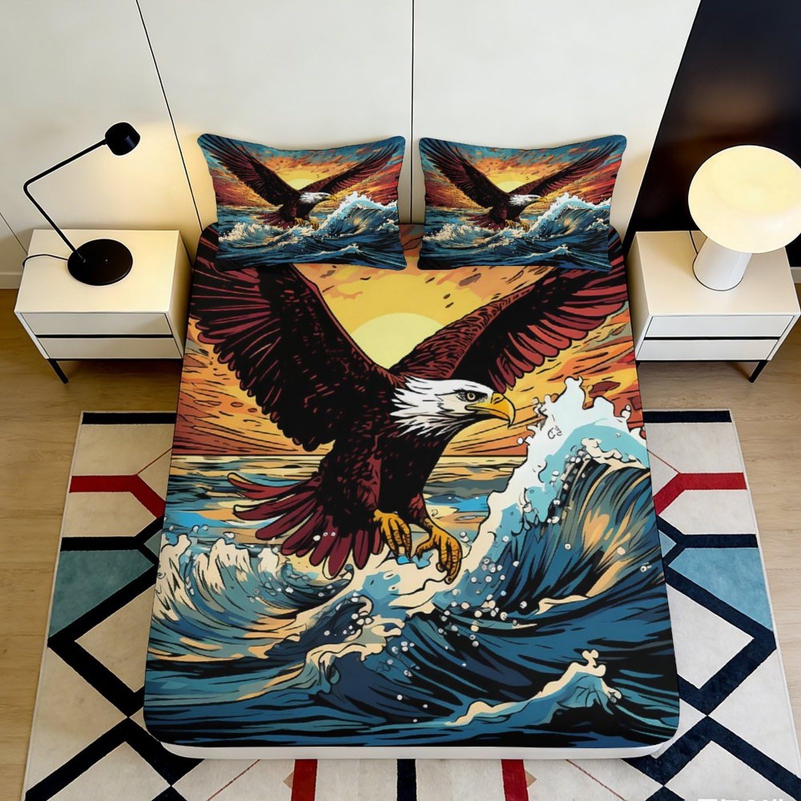 3D Printed Eagle Sunset Fitted Sheet Microfiber Anti-Slip Ocean Wave Mattress Cover for Bedroom Dorm Decor 90x200x25cm