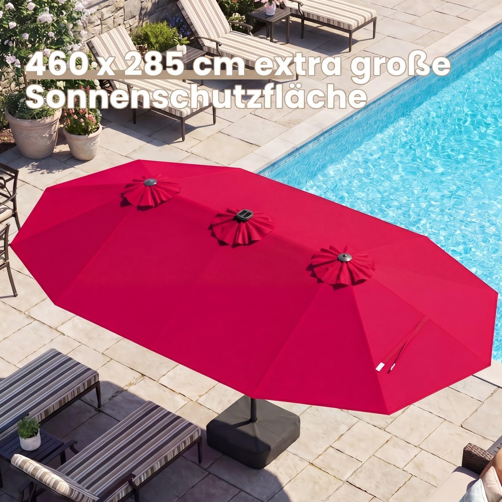 COSTWAY Podwójny parasol przeciwsłoneczny ze stojakiem i oświetleniem solarnym LED, 450 x 260 cm, Podstawa parasola nie jest dołączona, parasol ogrodowy z korbą, parasol tarasowy, do ogrodu (czerwony)
