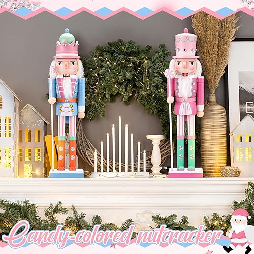 Miniatura 4 de Soaoo 2 piezas de adornos de cascanueces de Navidad pastel de 15 pulgadas, figuras de soldado de caramelo pastel de madera, cascanueces