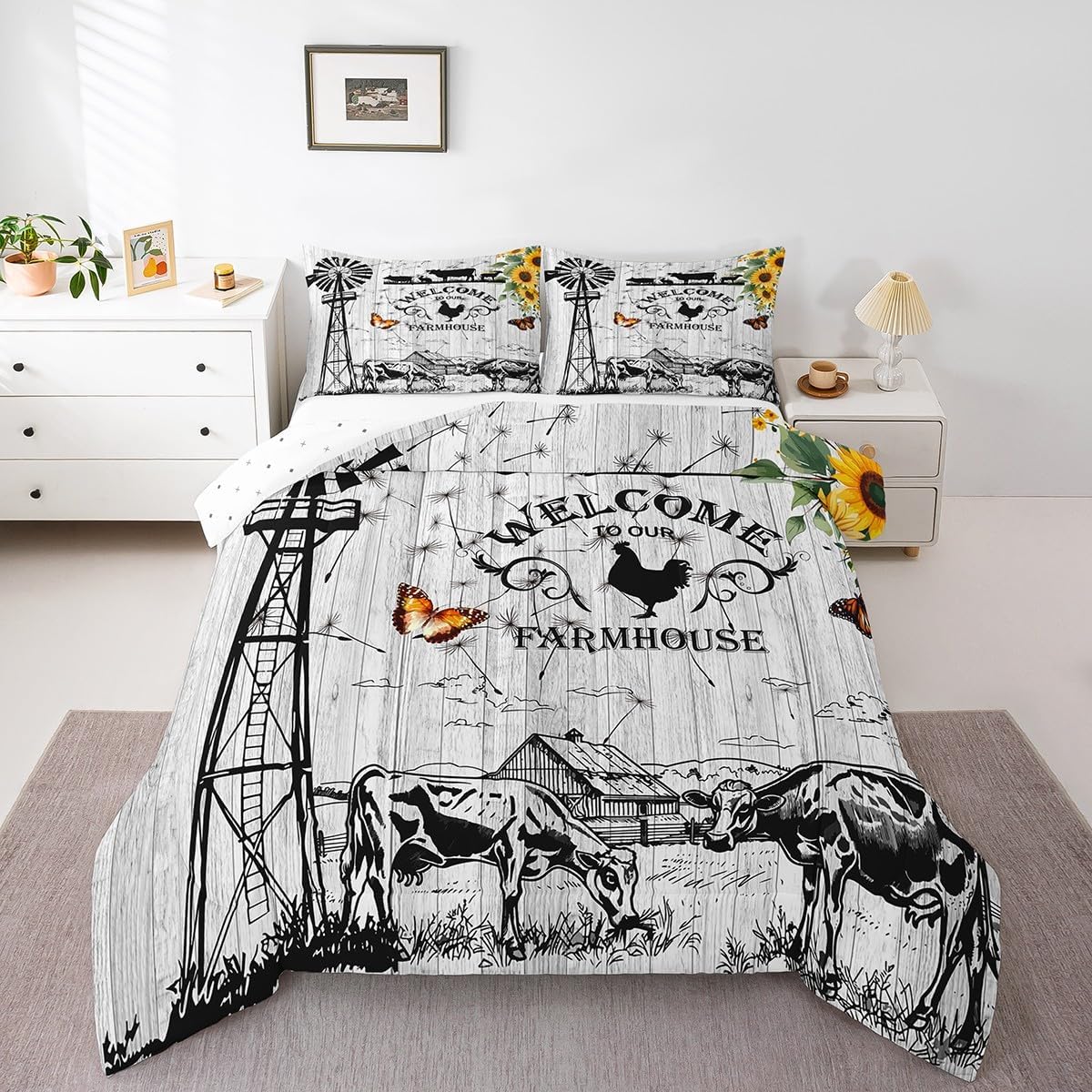 Erosebridal Windmill Bedding King Size, Rustic Farmhouse Comforter Set Retro Vintage Windmill Bedding Comforter Sets, Wooden Planks Barn Door Down Comforter with 2 Pillowcases for All Season