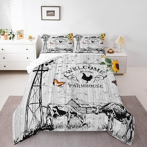 Juego de edredón de molino de viento de granja, tamaño matrimonial, ropa de cama rústica con puerta de granero para vaquero, vaquera, regalos