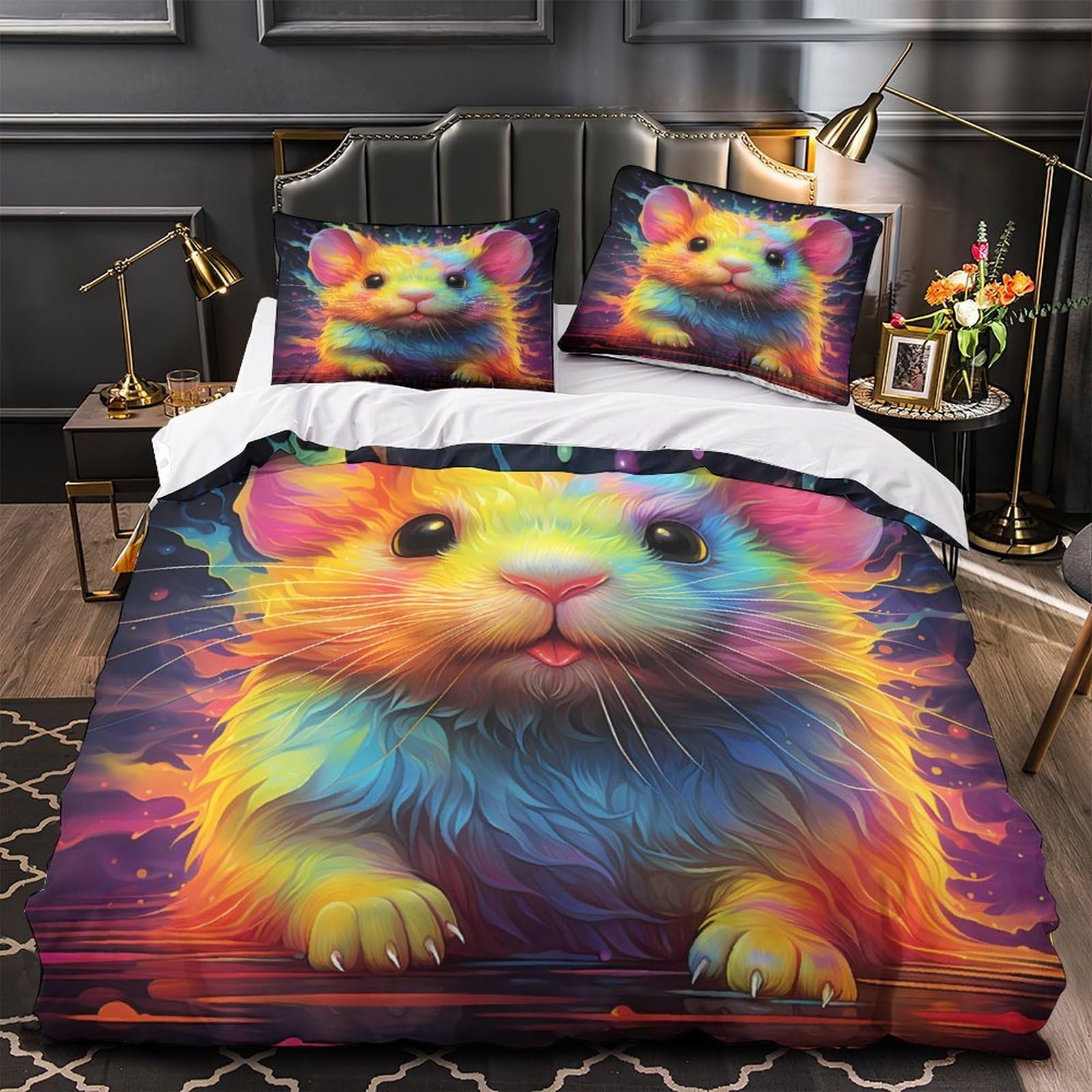 MMDASBVPE Rainbow Hamster Comforter Cover 3D Print Wrinkle-Resistant 3PCs Bed Linen Hidden Zipper digital Duvet Cover Extra Soft All Season for Teens Youth Adults Women Kids Boys Double（200x200cm）