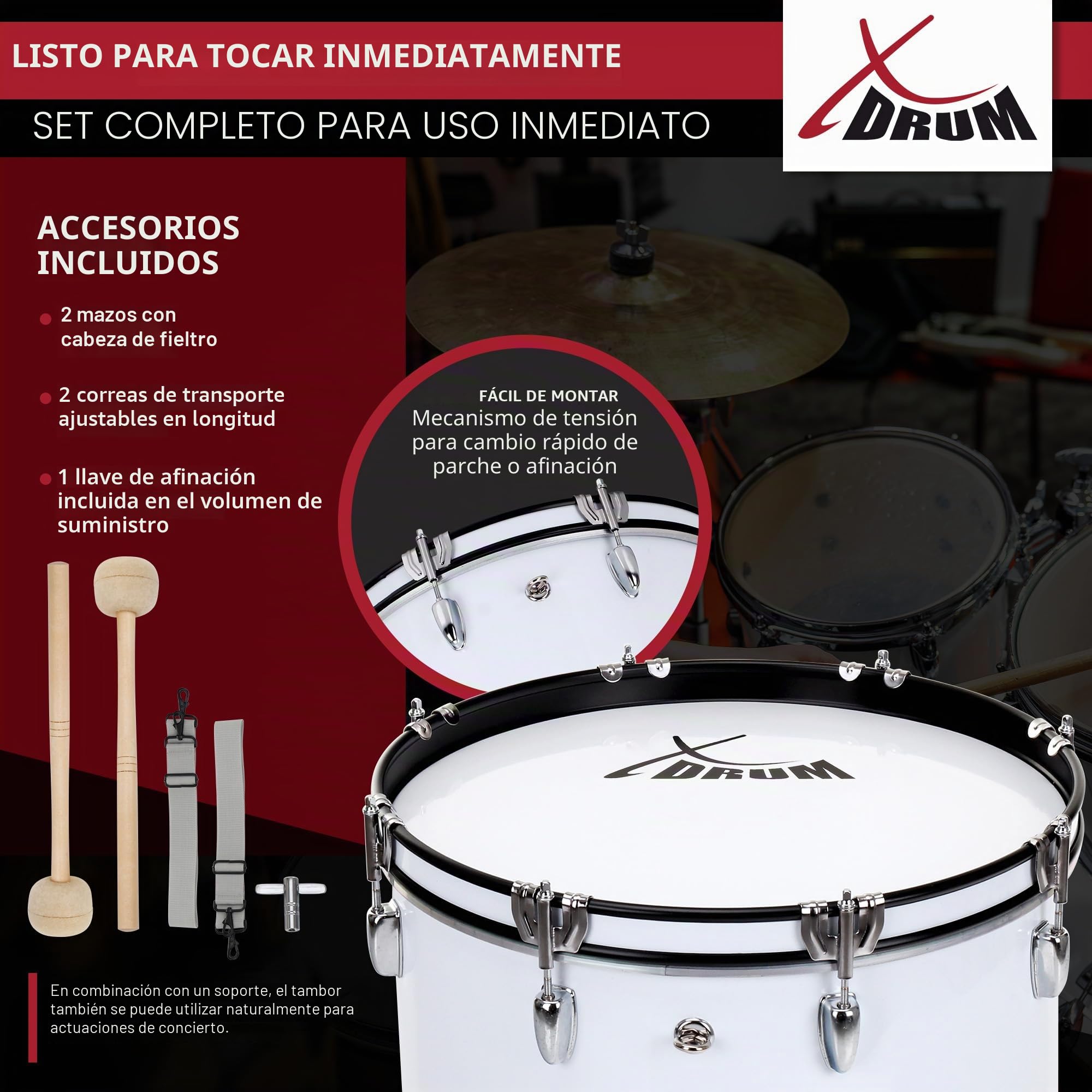 XDrum MBD-224 Bombo De Marcha 24" x 12", Diámetro: 24", Color: blanco | Profundidad: 12\", Herrajes cromados, Aros tensores metálicos en negro/blanco, Logo XDrum negro en los parches blancos, 5 kg