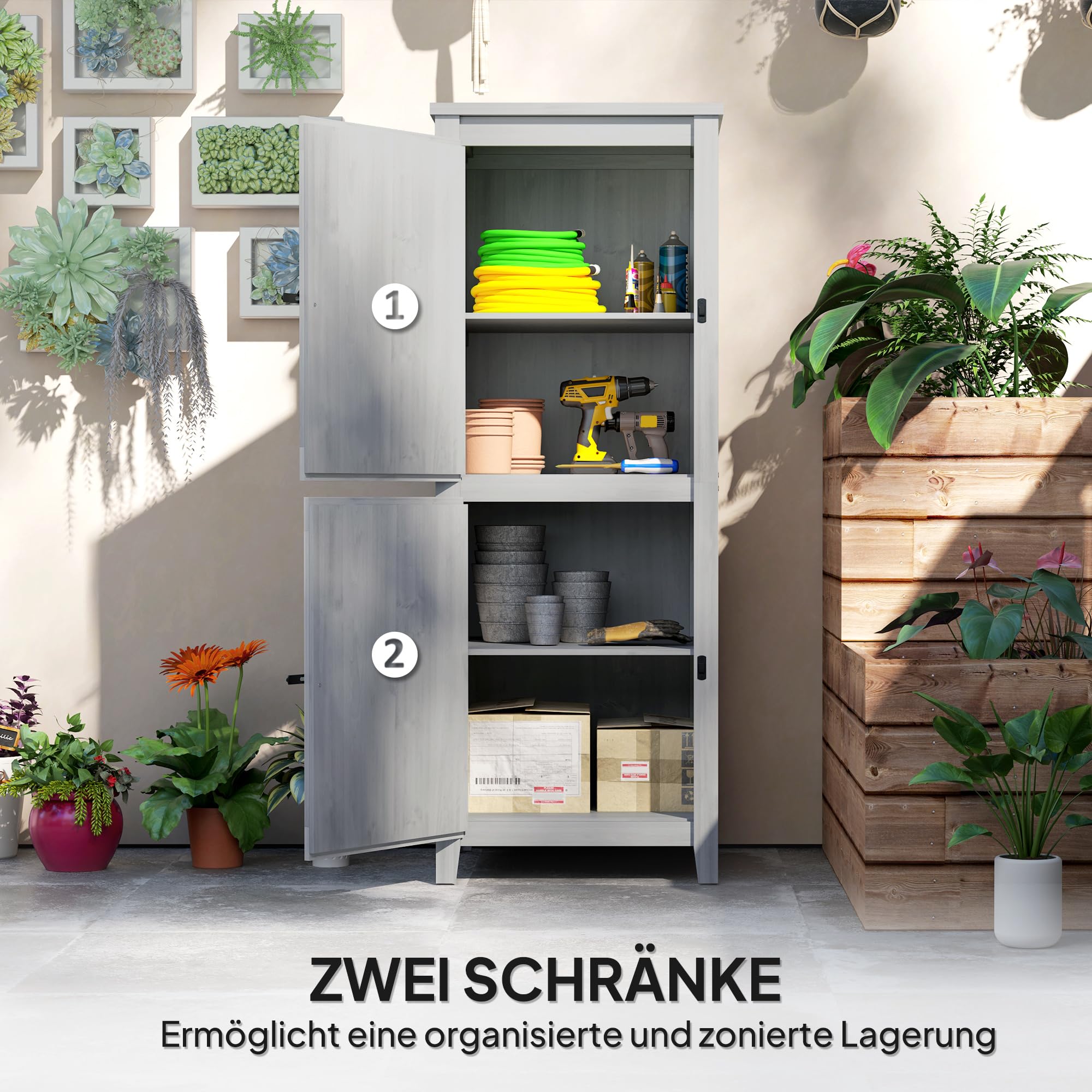 Outsunny Gartenschrank Holz Wetterfest Geräteschrank 60x60x160cm Hellgrau | Geräteschuppen, Gartenschuppen mit Ablagen, Doppeltür, Abschließbar, Gerätehaus Werkzeugschrank, Draußen Schrank