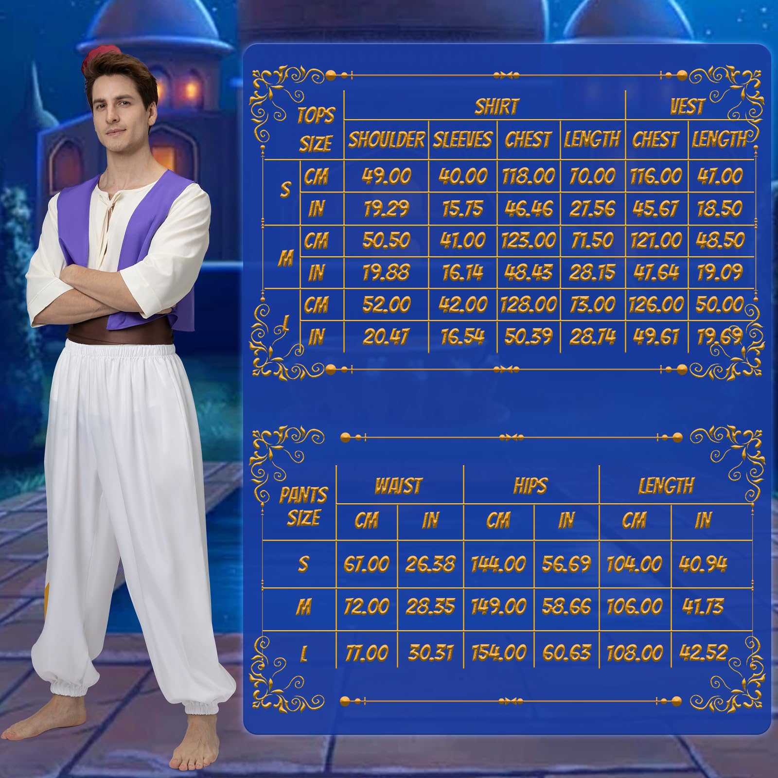 Joellfuner Deguisement Aladin Adulte, Costume Aladin Homme, Deguisement Prince Arabe Homme avec Pantalon Aladin, Lampe Aladin, Gilet Arabe, Chemises, Chapeaux pour Fête de Carnaval à Thème