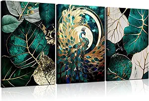 VVL 3pcs Emerald Green And Gold Wall Art Modern Abstract Gorgeous Peacock Canvas Paintings Prints Wall Decor for Living Room Bedroom Office Home Decoration