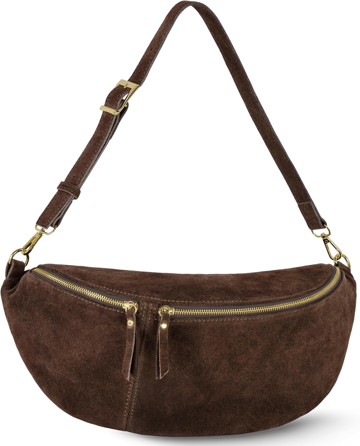 Italian Genuine Suede Crossbody Bag for Women with Zipper & Detachable Strap | Large Travel Chest Sling Fanny Pack (Chocolate)