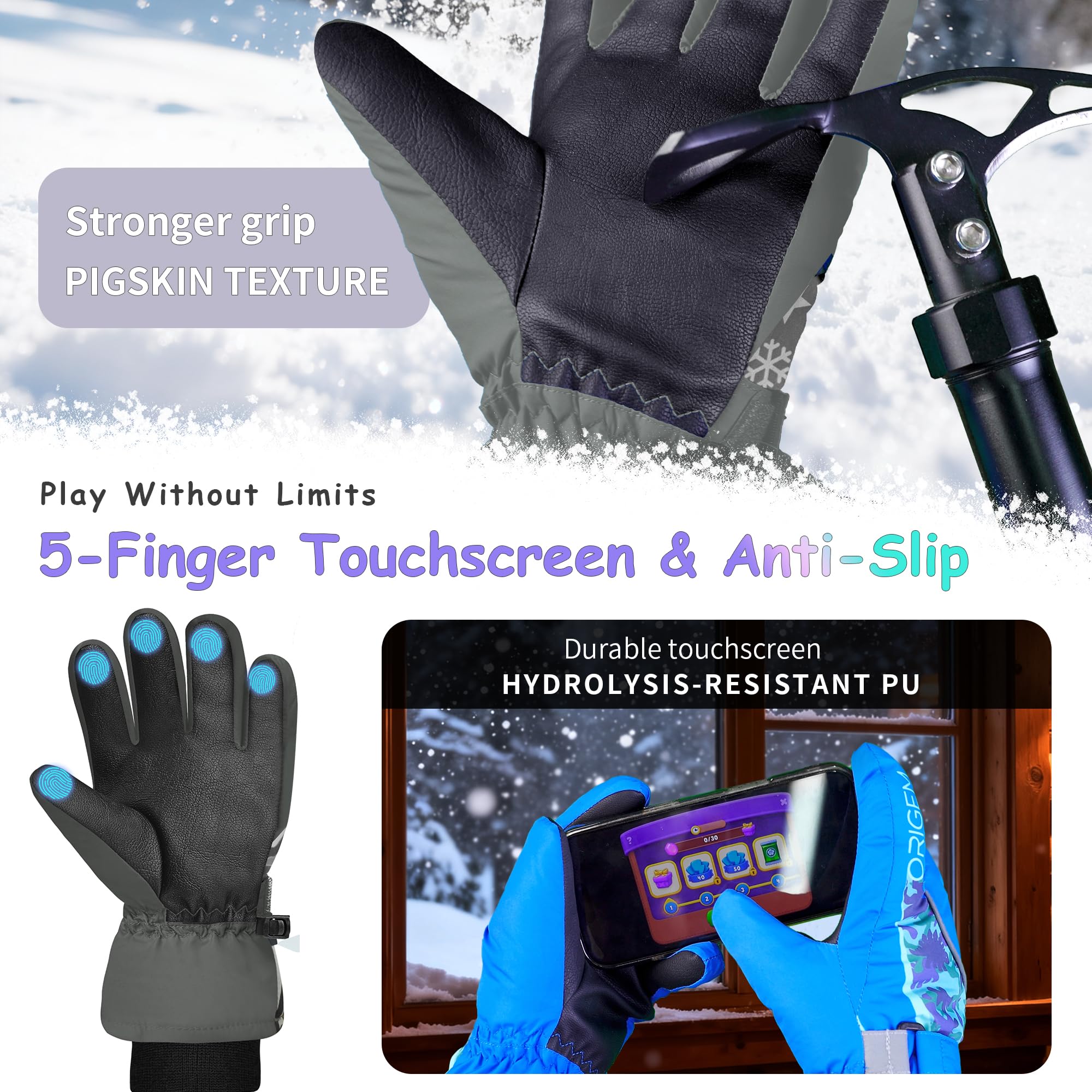 Origem Guanti Neve Invernali Bambino Bambina, 3M Thinsulate Impermeabili Guanti Sci Termici con Touchscreen a 5 Dita Riflettenti Antiscivolo per Bambini 4-14 anni Snowboard Sciare Calcio Bici