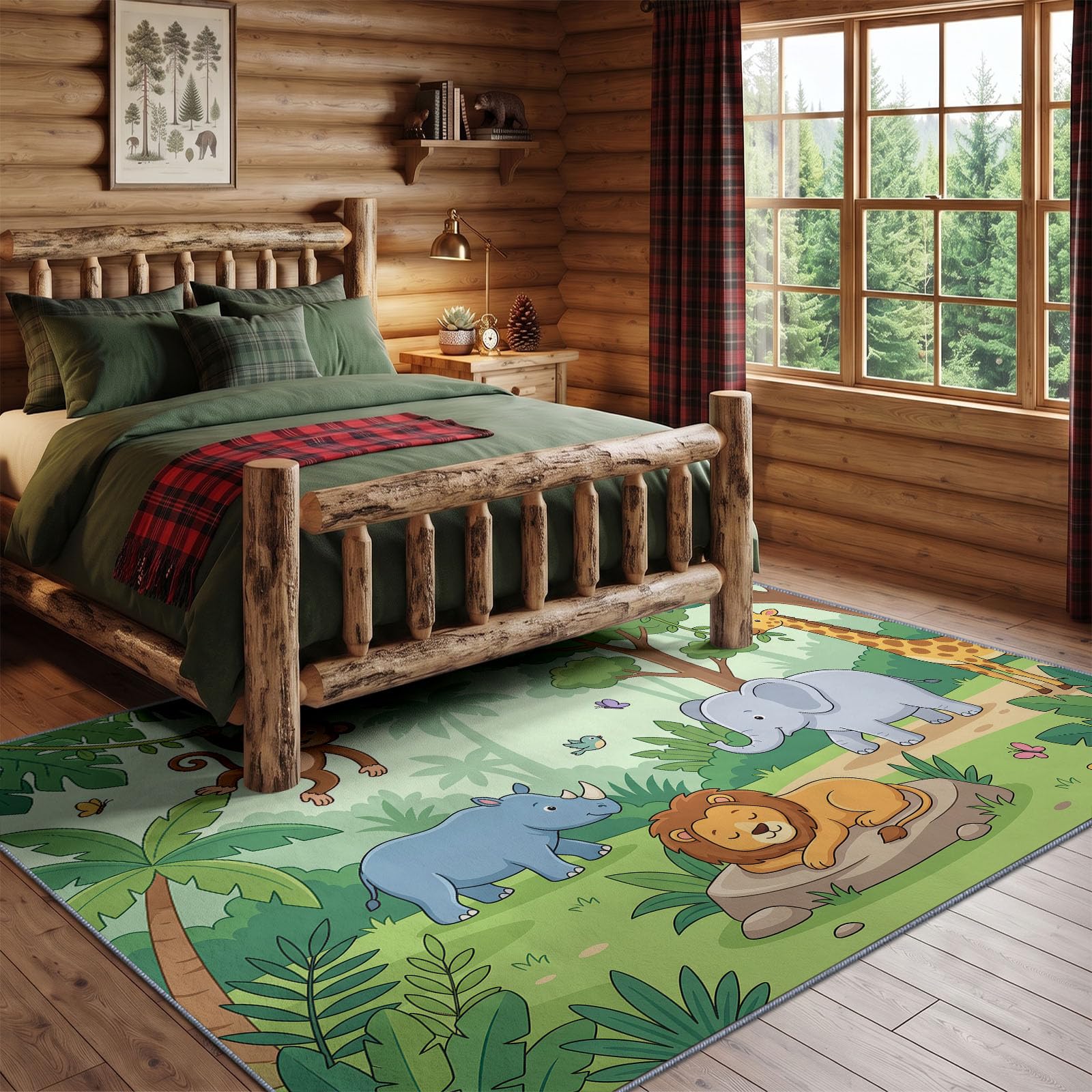 Tapis Salon Cartoon, Moquette Lavable en Machine, 90 x 120 cm | Animal Lion Éléphant Tapis avec Dessous Antidérapant, Tapise Décoratif pour Chambre, Cuisine, Entrée et Maison,Vert