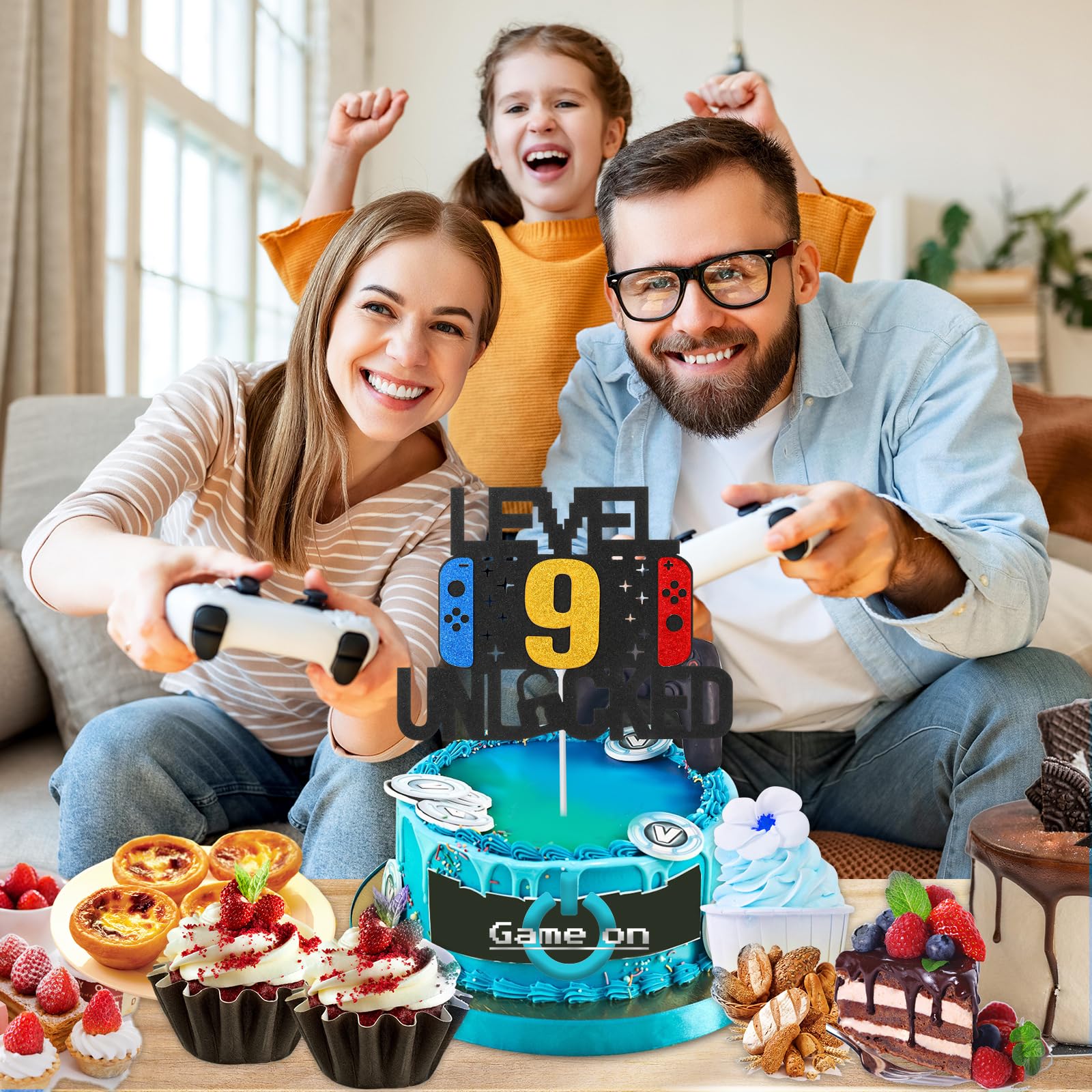SYKYCTCY Decorazioni Torta 9 Anni – 37 Pezzi Tema Videogioco Con Controller E Scritte Glitterate Per Compleanno - 2