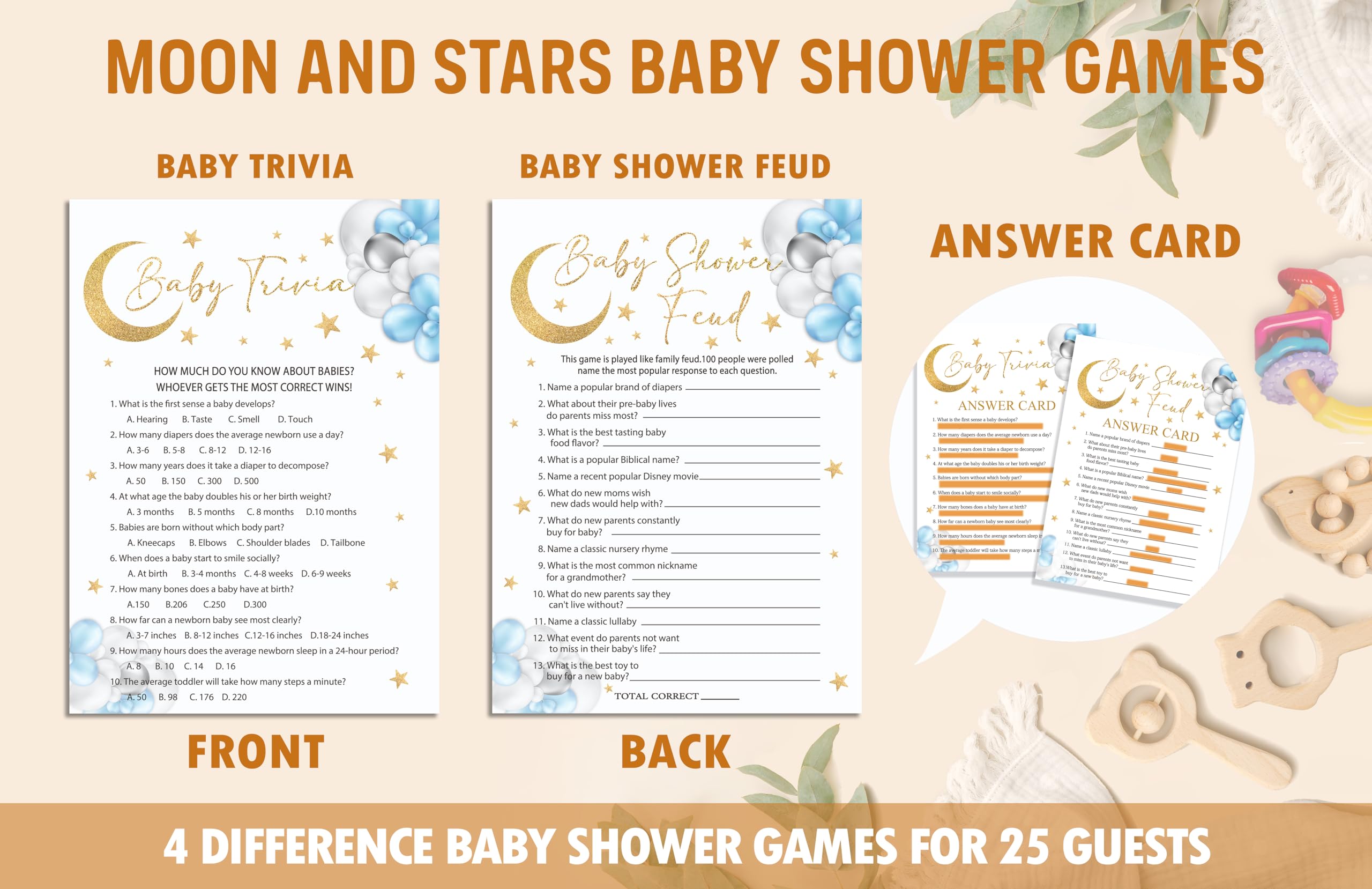 Moon Stars - Juego de juegos para baby shower, 4 juegos que incluyen trivia de bebé, pelea de baby shower, predicciones y consejos para bebés, Adivina quién mamá o papá, 50 tarjetas de doble cara y 1