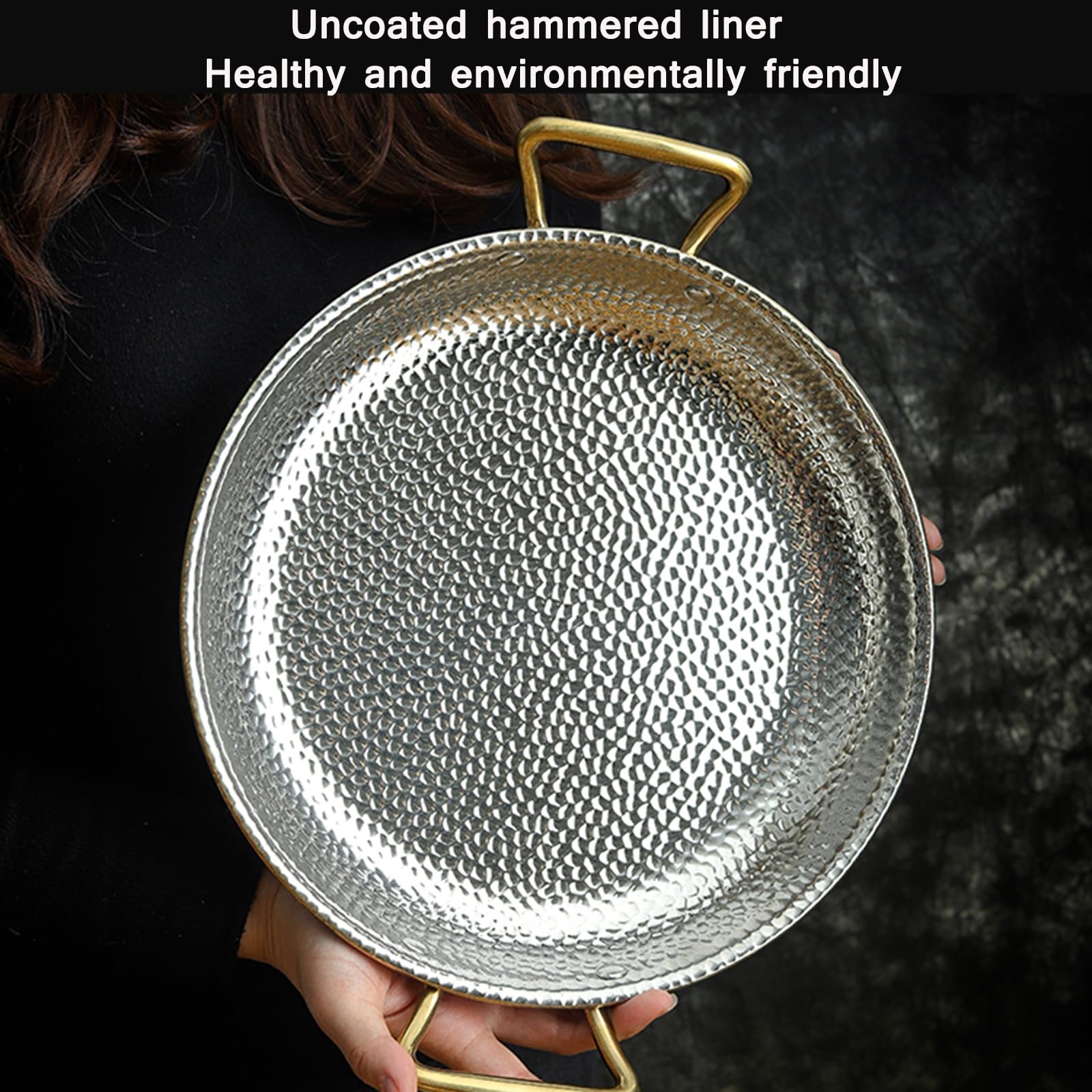 Paellera martillada de acero inoxidable sin revestimiento antiadherente con asas metálicas ergonómicas, placa de mariscos para camping y reuniones, apta para horno e inducción, 10 tamaños (30 cm