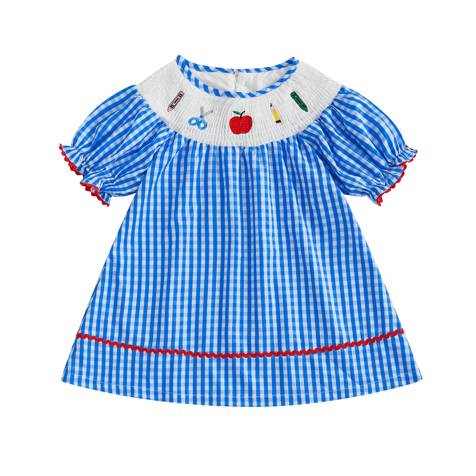 Toddler Baby Girl Back to School Outfit First Day of School Dress Plaid Embroidery Puff Sleeve Smocked Dresses Clothes (A-Blue, 18-24 Months)