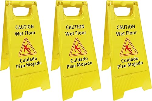 Paquete de 3 carteles de precaución para suelo húmedo, bilingües (Cuidado Piso Mojado), 2 pies de alto, doble cara, color amarillo de alta