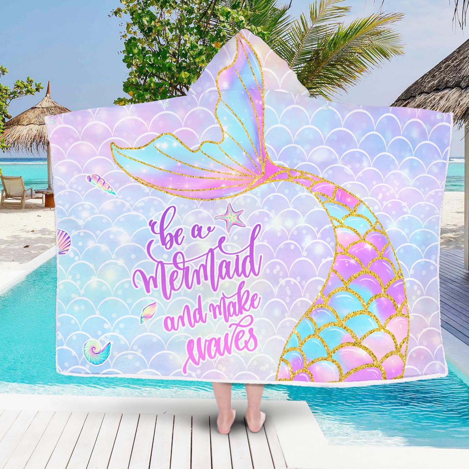 Mermaid Hooded Beach Towel for Girls - Kids Poncho Towel With Tail, Soft Absorbent Bath Towel With Hood, Pink Scales, 30"x50" - Bathrobe for Swim Pool Bath - Image 5