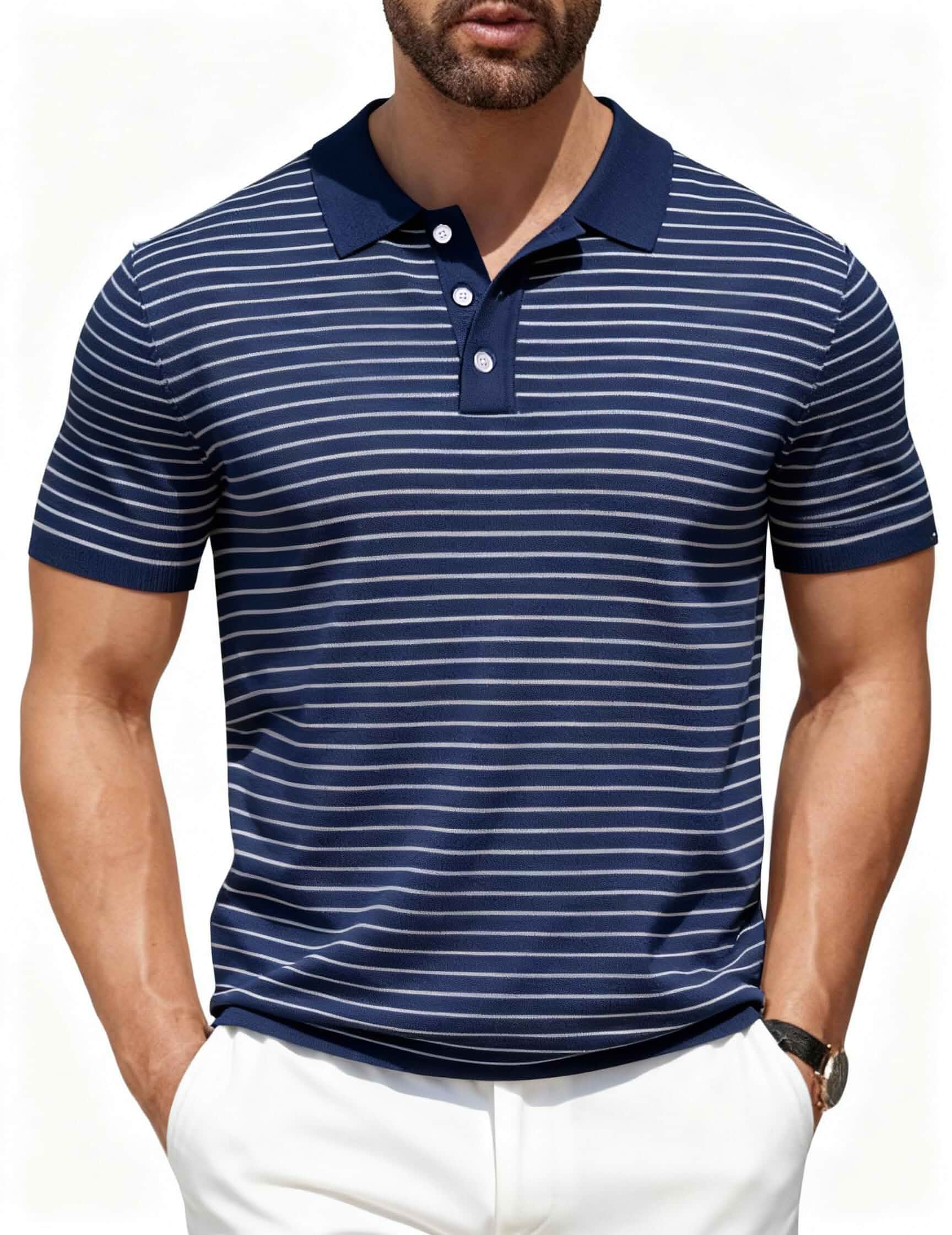 COOFANDY Men's Short Sleeve Polo Shirts Vintage Knitted Shirt Casual Button Down Golf Shirts Striped