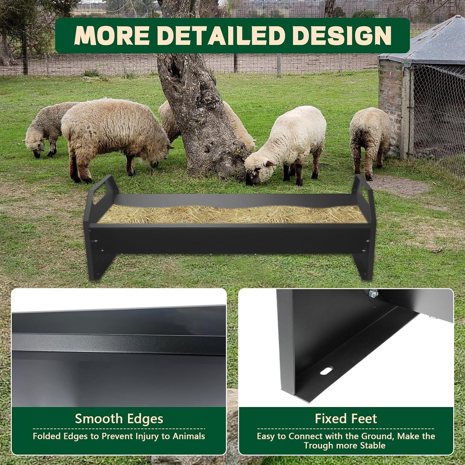 45" Livestock Feeding Trough 22 Gallon Capacity Goat Hay Feeder Galvanized Steel Livestock Feeder for Horse, Cattle, Cow, Alpaca,Goats(Black)