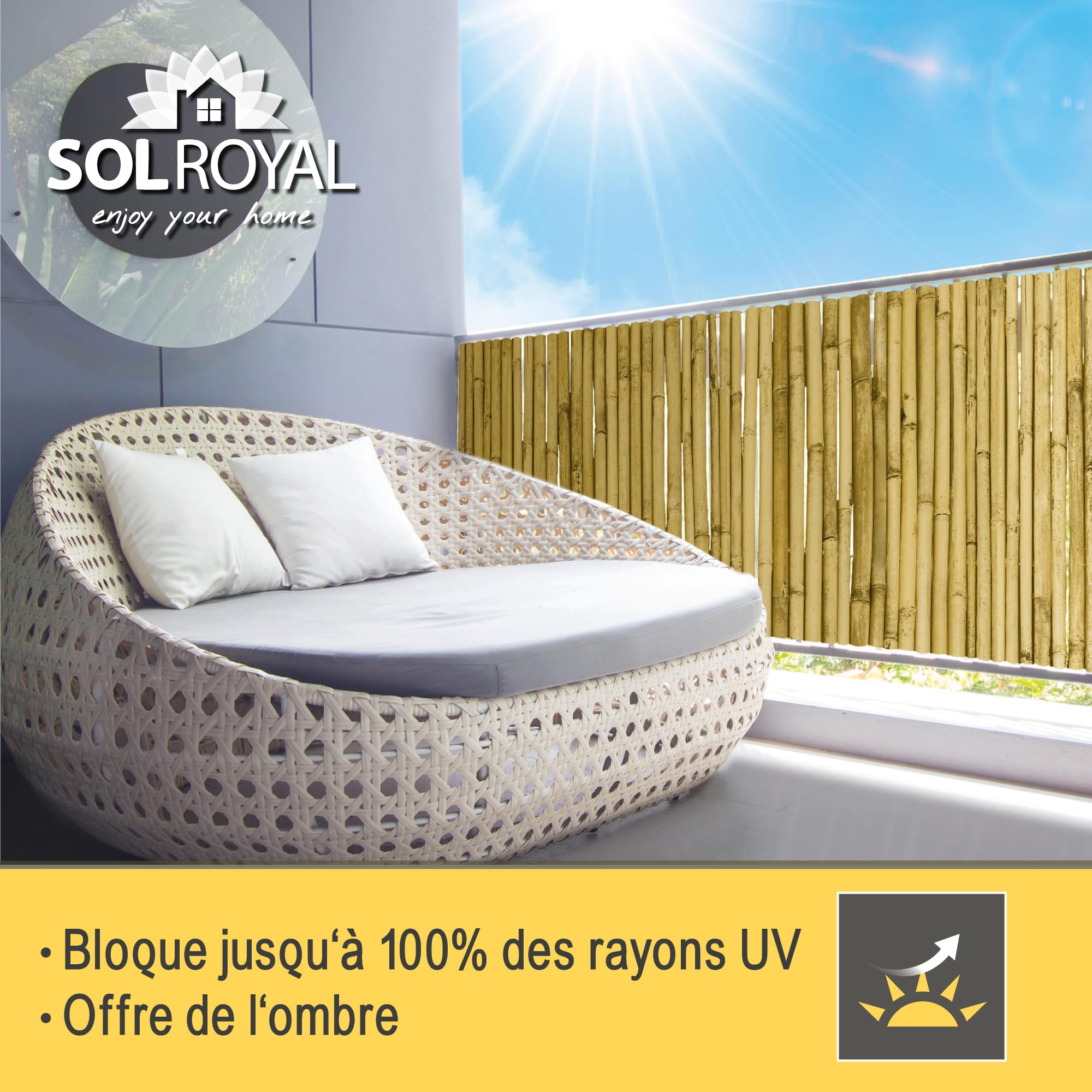 Sol Royal Premium Canisse Brise Vue Bambou Clair Brillant 180x250 cm – Canisse Bambou Balcon Palissade Jardin Exterieur – Cache Brise Vue Balcon 1,8m hauteur Pare Vue Terrasse Extérieur