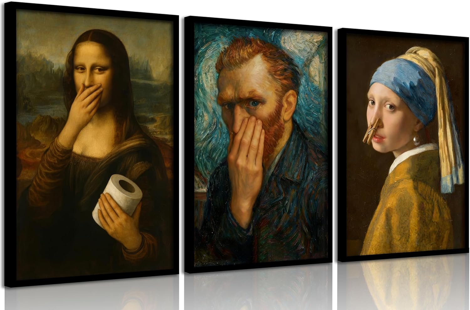3PCS Vintage Funny Bathroom Wall Art Humorous Bathroom Canvas Wall Decor Humor Mona Lisa Humor Pinching Nose Painting Picture Amusing Toilet Pinching Nose Art Poster for Restroom Decor 8x10in Unframed