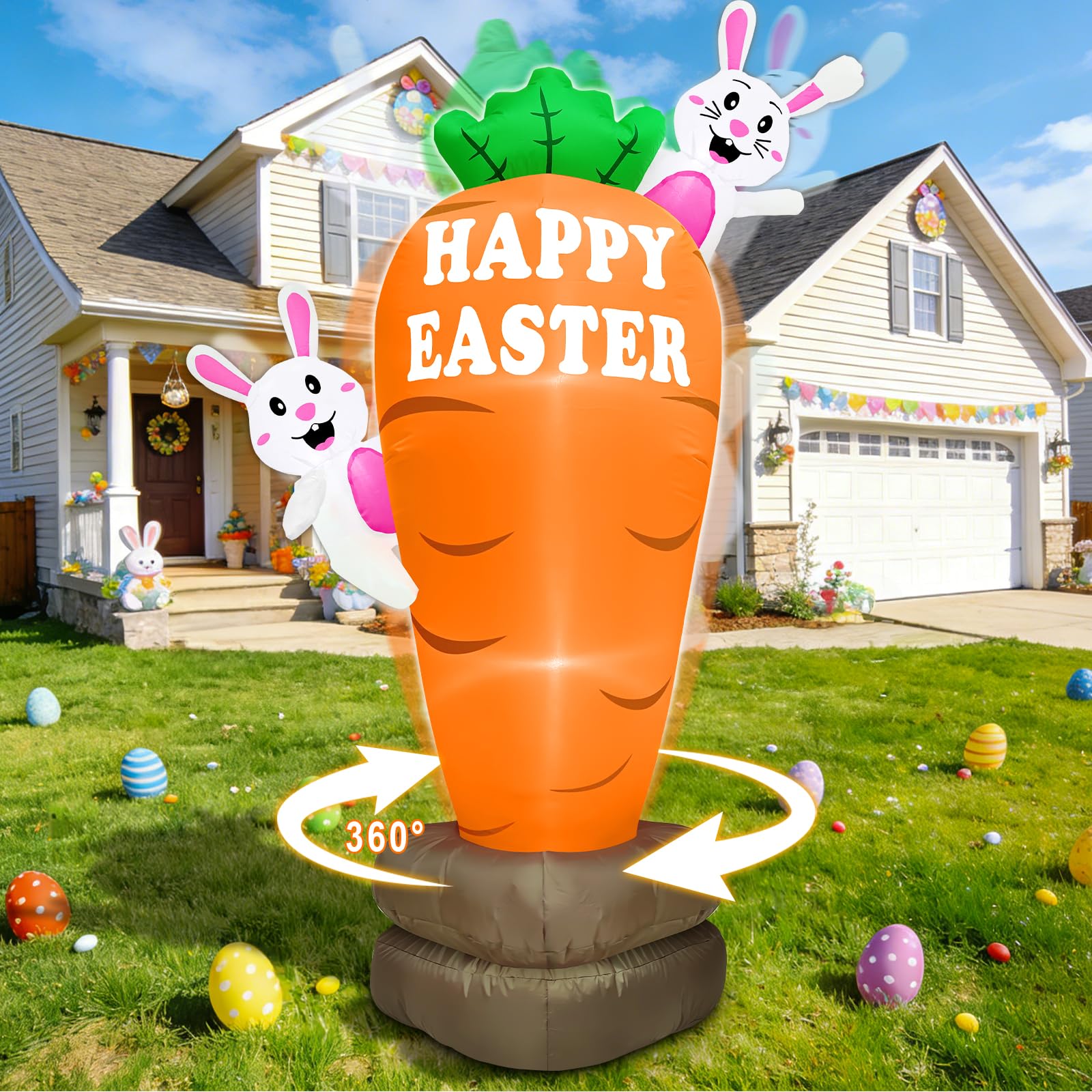 Photo 1 of [ Rotatable Bunny Carrot ]6Ft Lighted Easter Inflatable Outdoor Decorations, Blow Up Bunny with Built-in 4 LED Lights,Easter Blow up Yard Decorations for Indoor Outdoor Garden Lawn Holiday Party Decor