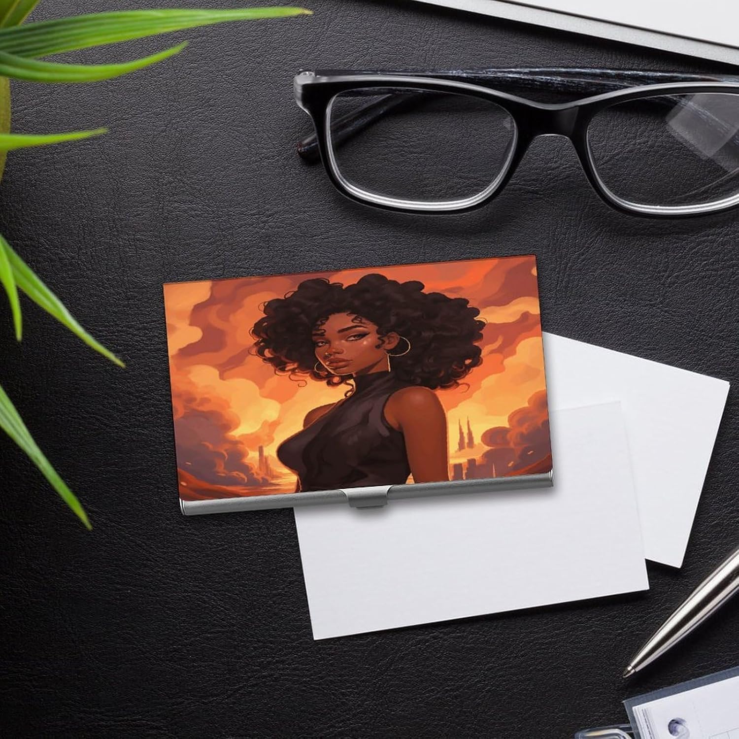 Beautiful Black Woman Business Card Holder Slim Purse Name Card Holder Carry-on Pocket Wallet Business Card Holders Large Capacity Aluminum Business Card Case for Men Women